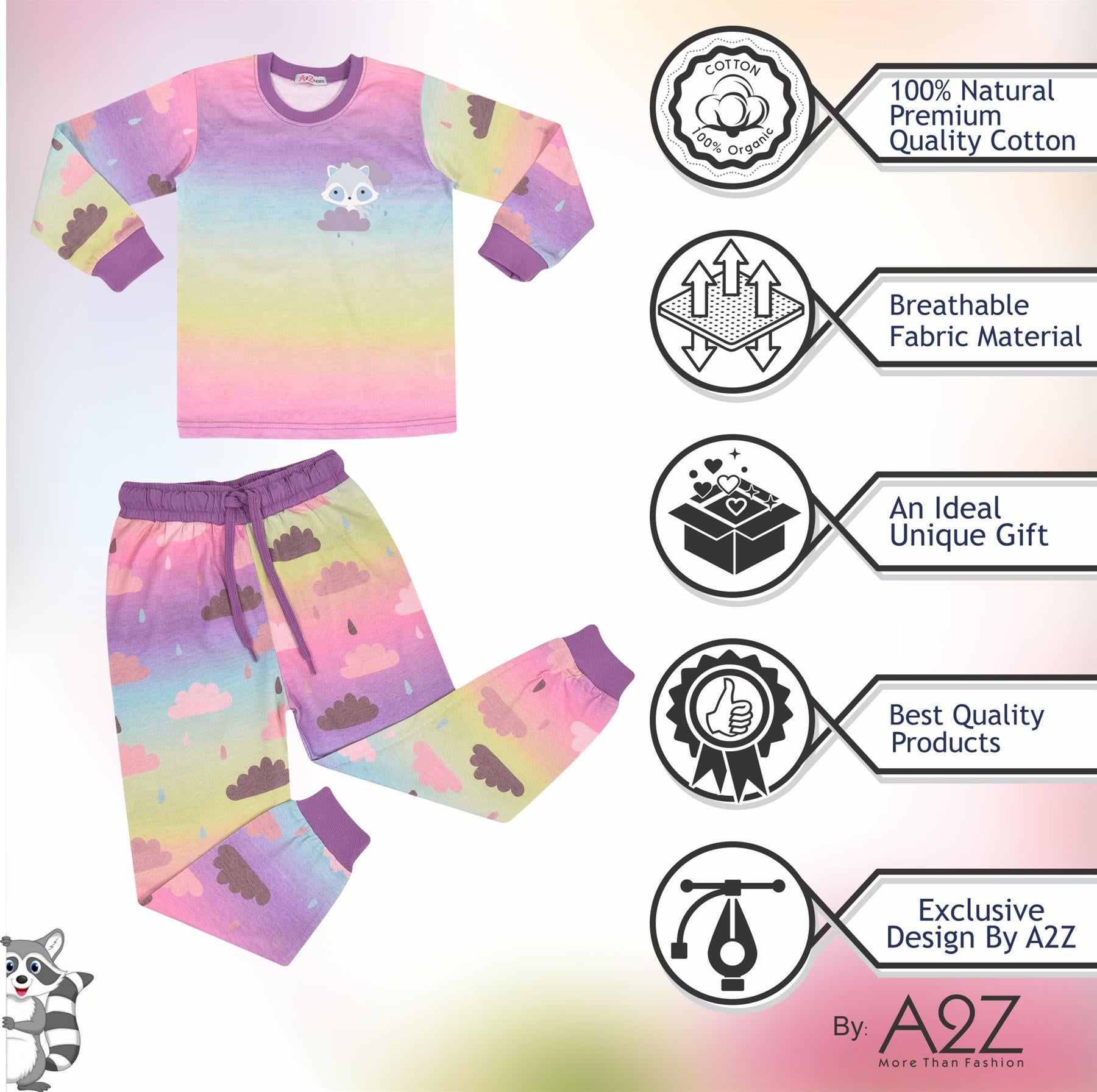 Kids Girls Pyjamas Cloud Print Contrast Top Bottom Rainbow Sleepwear Set 2-13 Yr