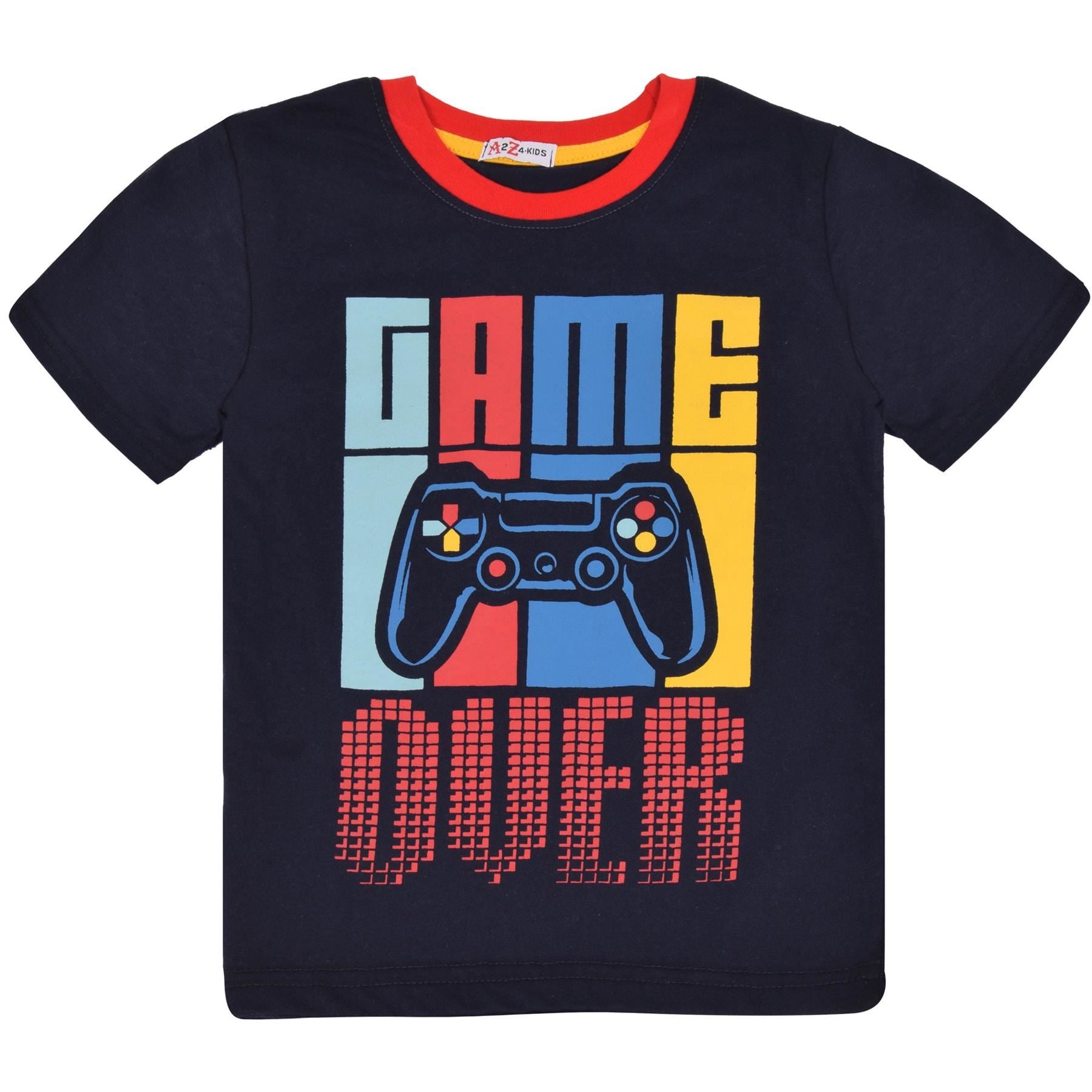 Kids Girls Boys Pyjamas Game Over Contrast Top Shorts 2 Piece PJS Sleepwear Set