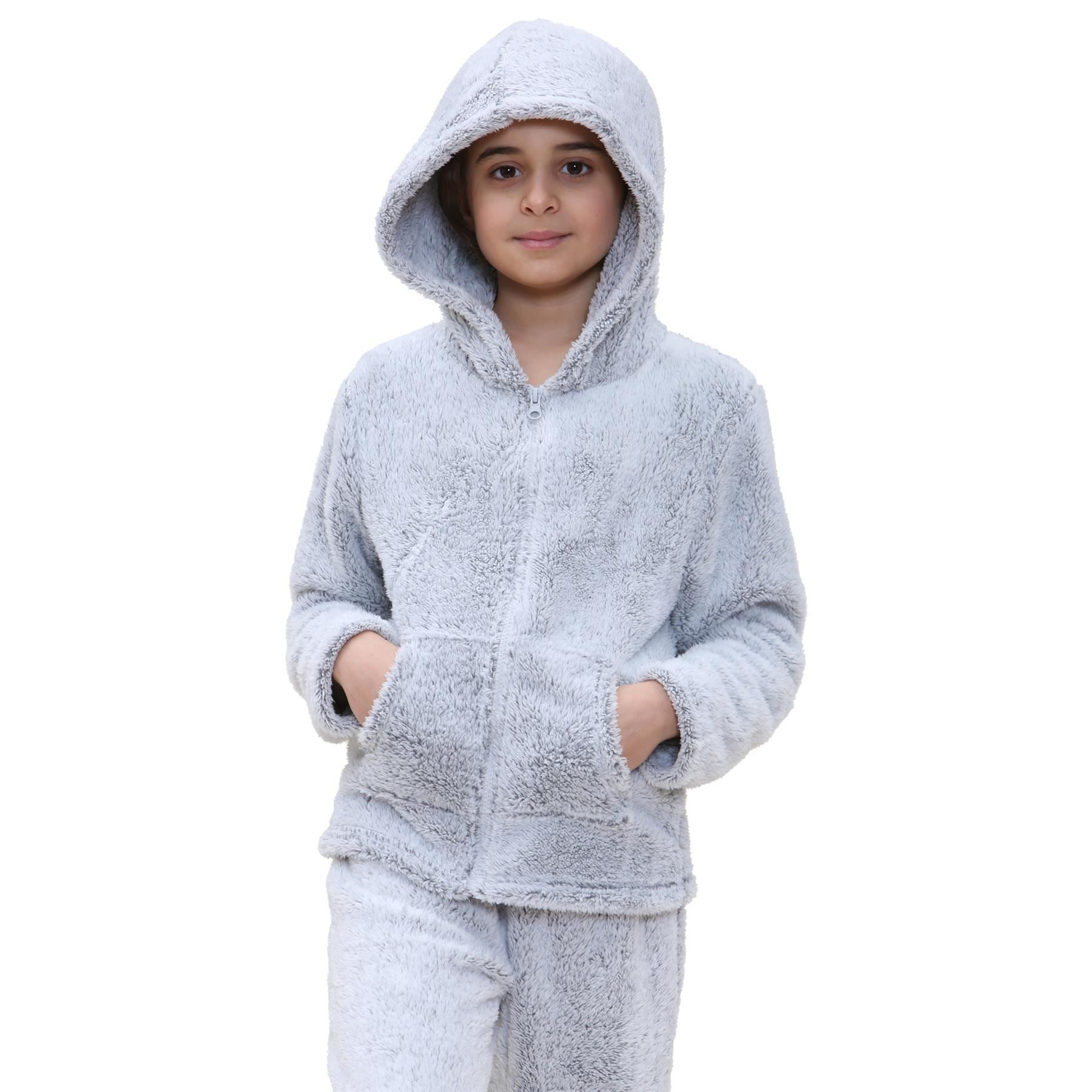 Kids Boys Girls Plain Pyjama Extra Soft Zipped Top Flannel Fleece PJS Outfit Set