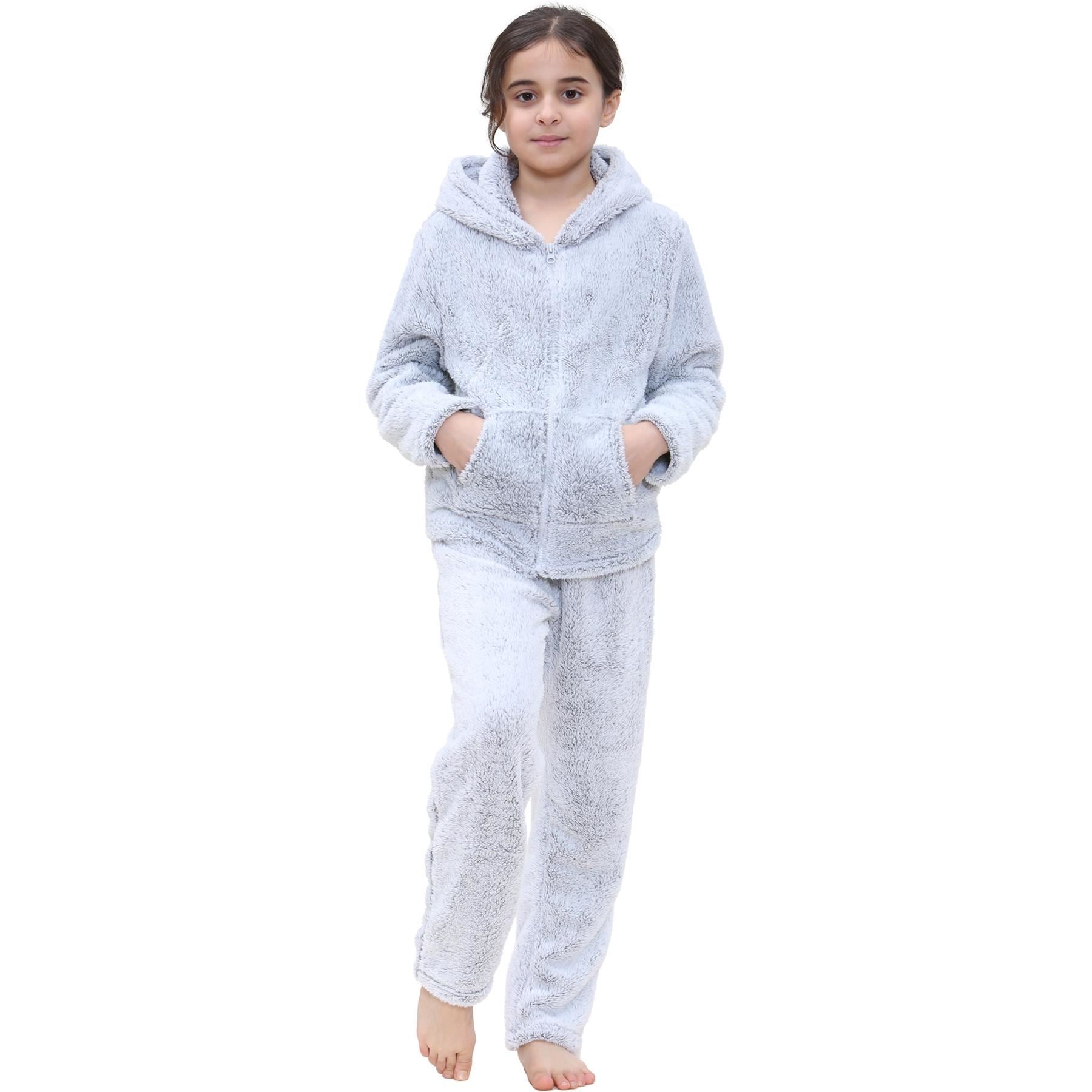 Kids Boys Girls Plain Pyjama Extra Soft Zipped Top Flannel Fleece PJS Outfit Set