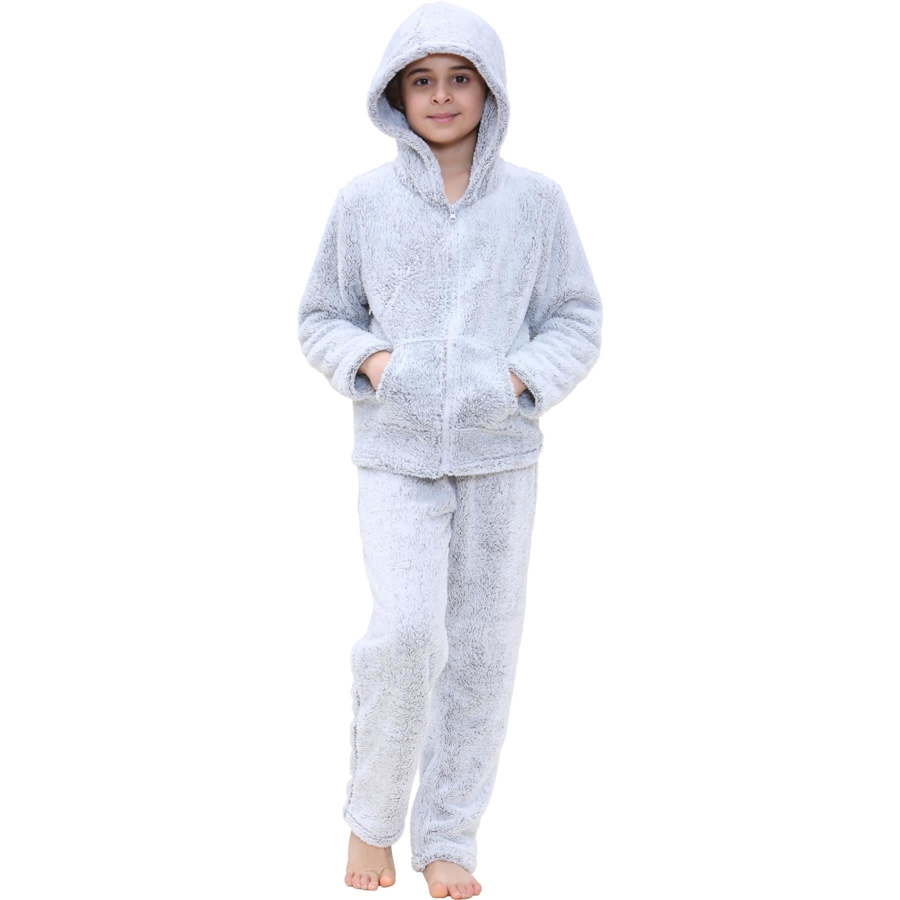 Kids Boys Girls Plain Pyjama Extra Soft Zipped Top Flannel Fleece PJS Outfit Set