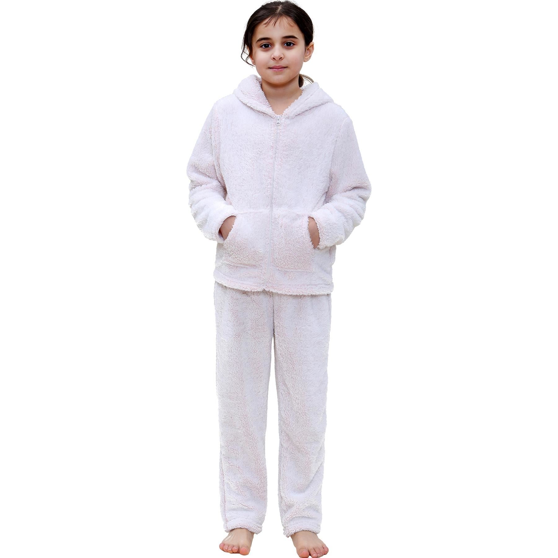 Kids Boys Girls Plain Pyjama Extra Soft Zipped Top Flannel Fleece PJS Outfit Set