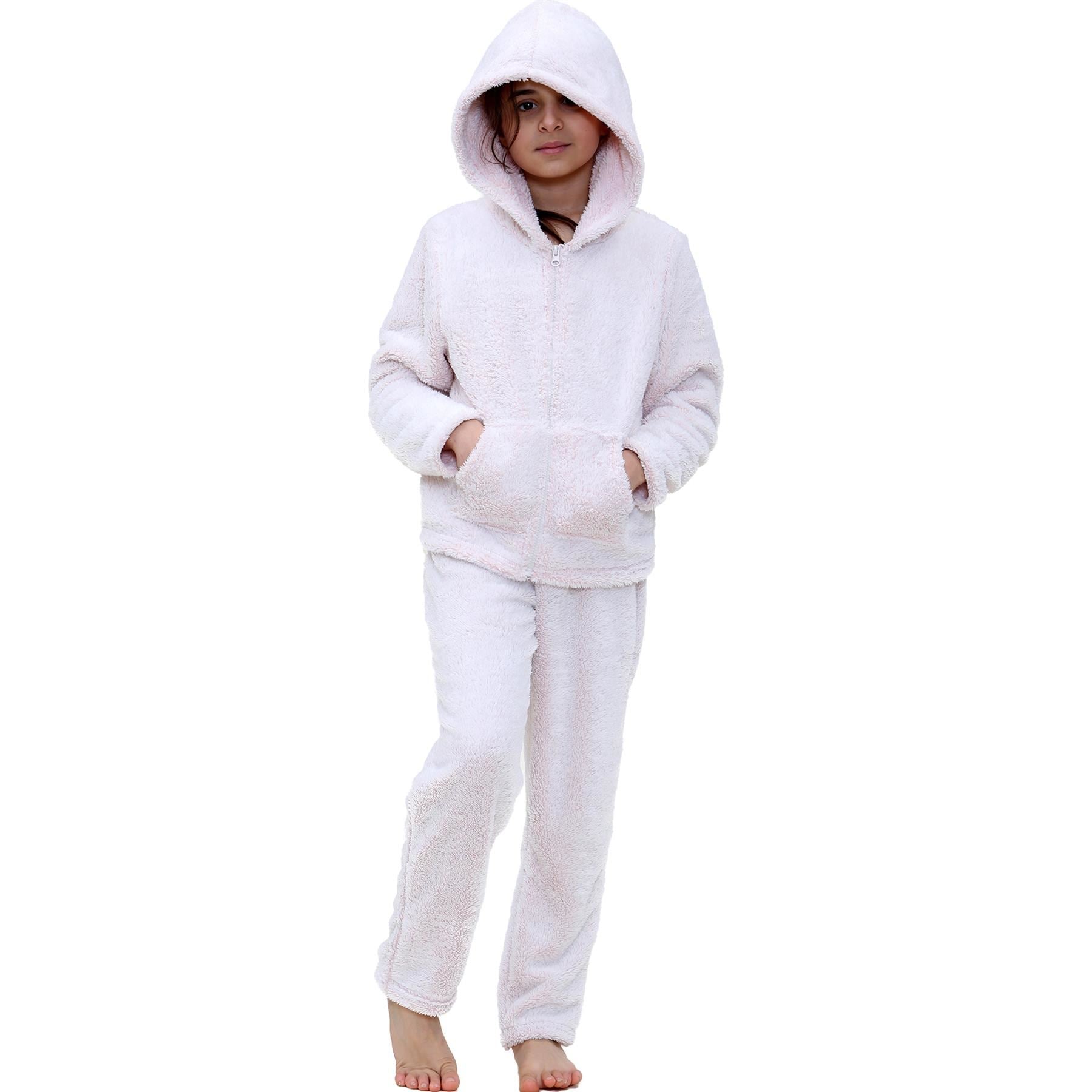 Kids Boys Girls Plain Pyjama Extra Soft Zipped Top Flannel Fleece PJS Outfit Set