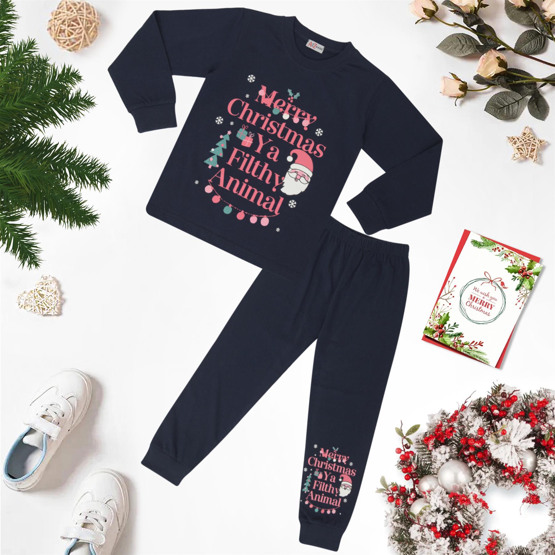 Kids Girls Christmas Pyjamas Navy Ya Filthy Animal PJs Xmas Set Lounge Suit 2-13