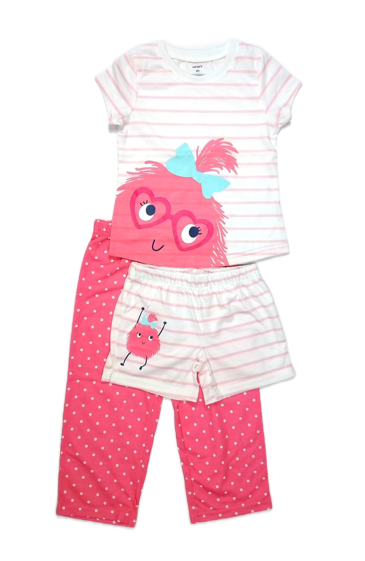 Carter's Girls' 3-Piece Pink Monster Polyester Jersey Pajama Set, Size 4T