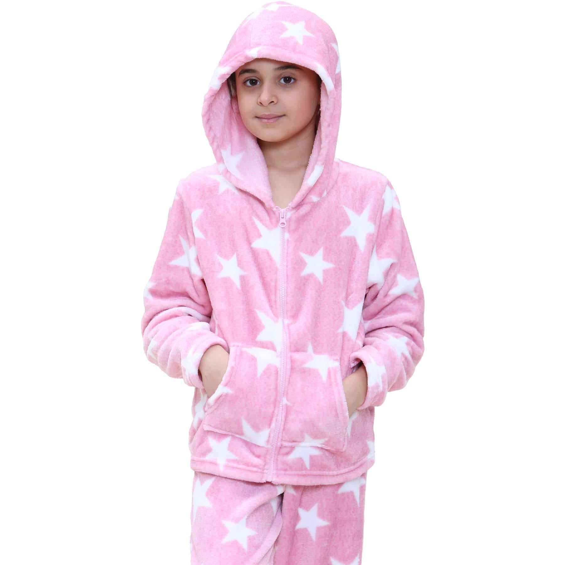 Kids Girls Stars Print Pyjama Extra Soft Zipped Flannel Fleece PJS Outfit Set