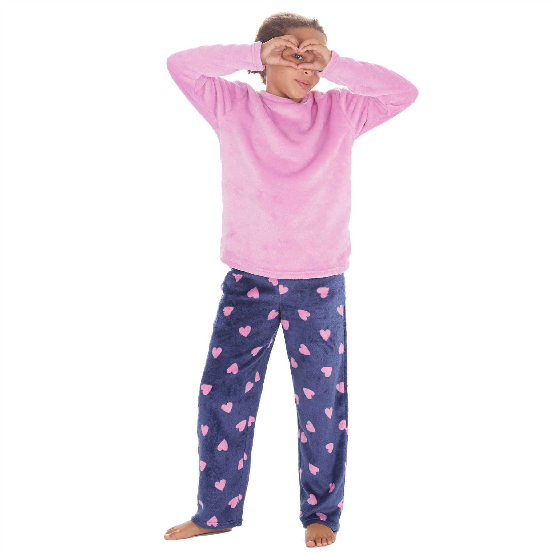 Girls Kids Fleece Pyjamas Check/Hearts Pyjama Set Childs PJs Age 9-13 Years