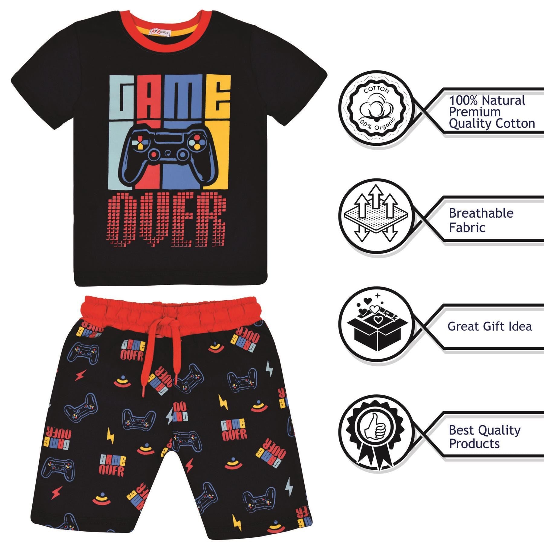 Kids Girls Boys Pyjamas Game Over Contrast Top Shorts 2 Piece PJS Sleepwear Set
