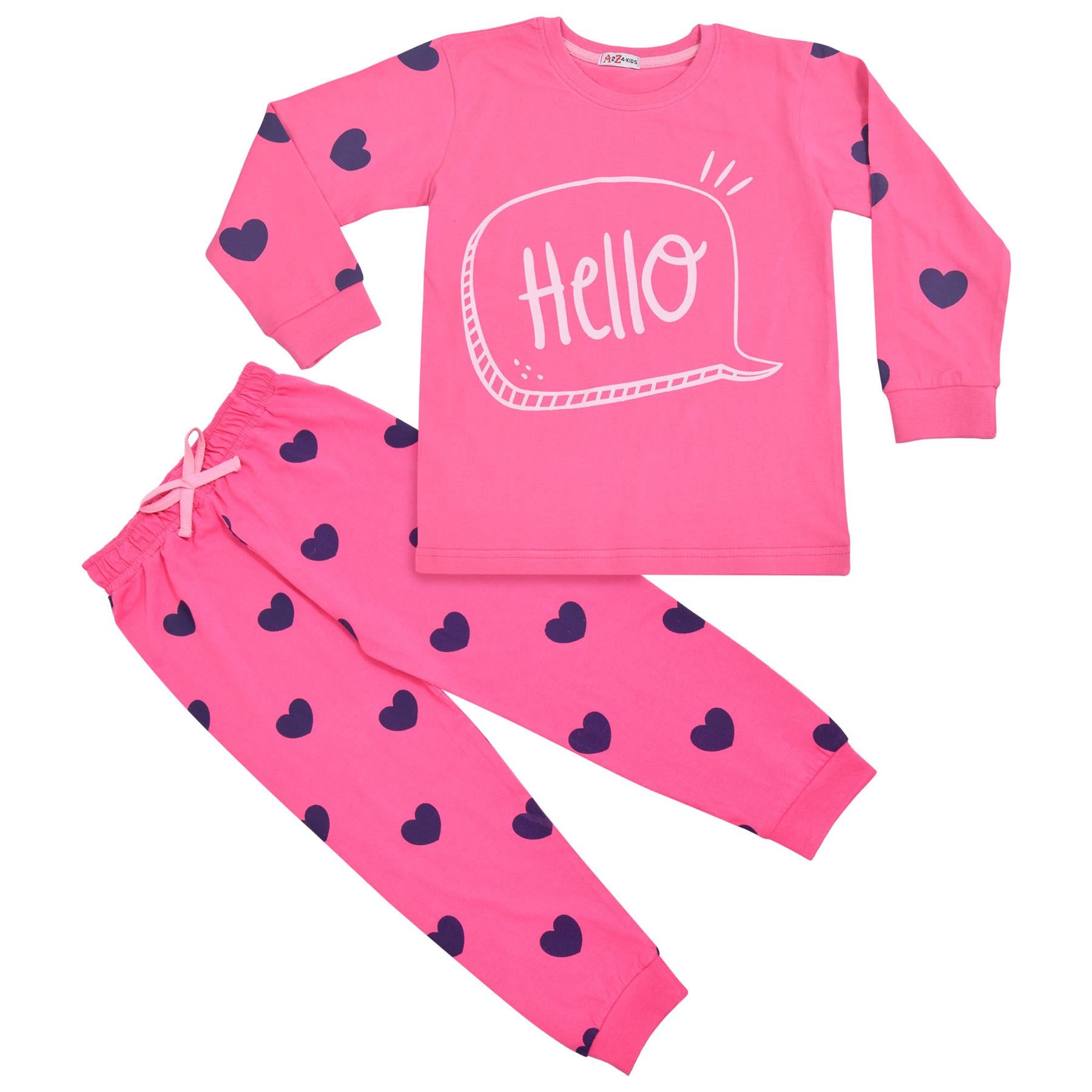 Kids Girls Hello Pyjamas Children Pink PJs 2 Piece Cotton Set Lounge Suit
