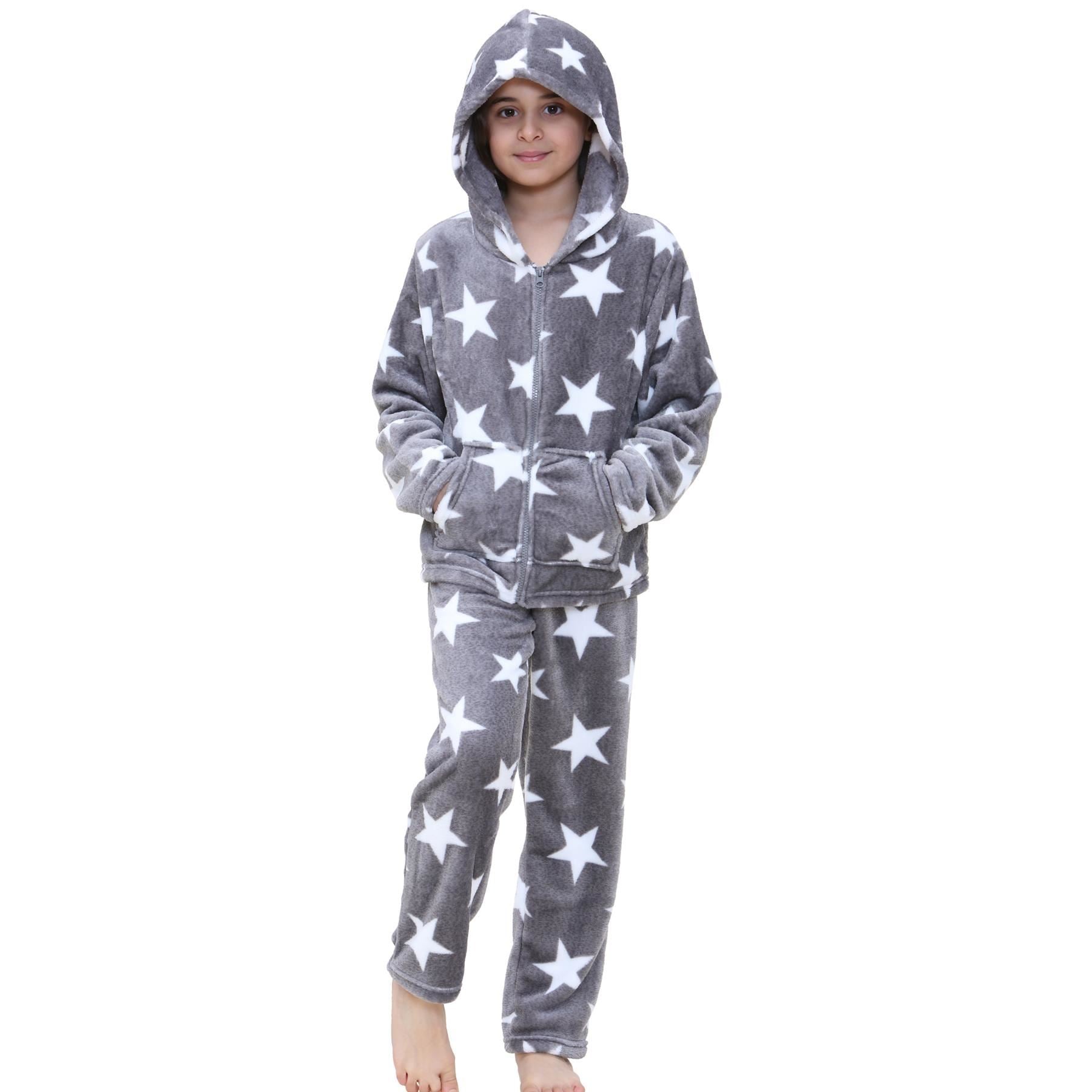 Kids Girls Stars Print Pyjama Extra Soft Zipped Flannel Fleece PJS Outfit Set