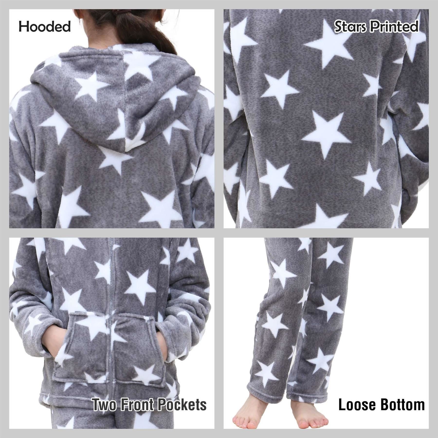 Kids Girls Stars Print Pyjama Extra Soft Zipped Flannel Fleece PJS Outfit Set