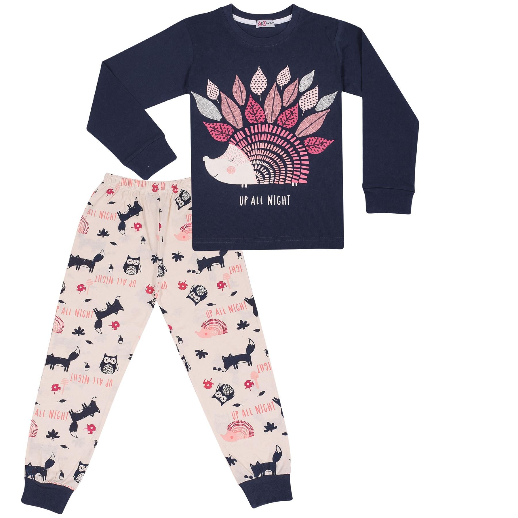 Kids Girls Pyjamas Navy Up All Night Print Contrast PJs Set Lounge Suit