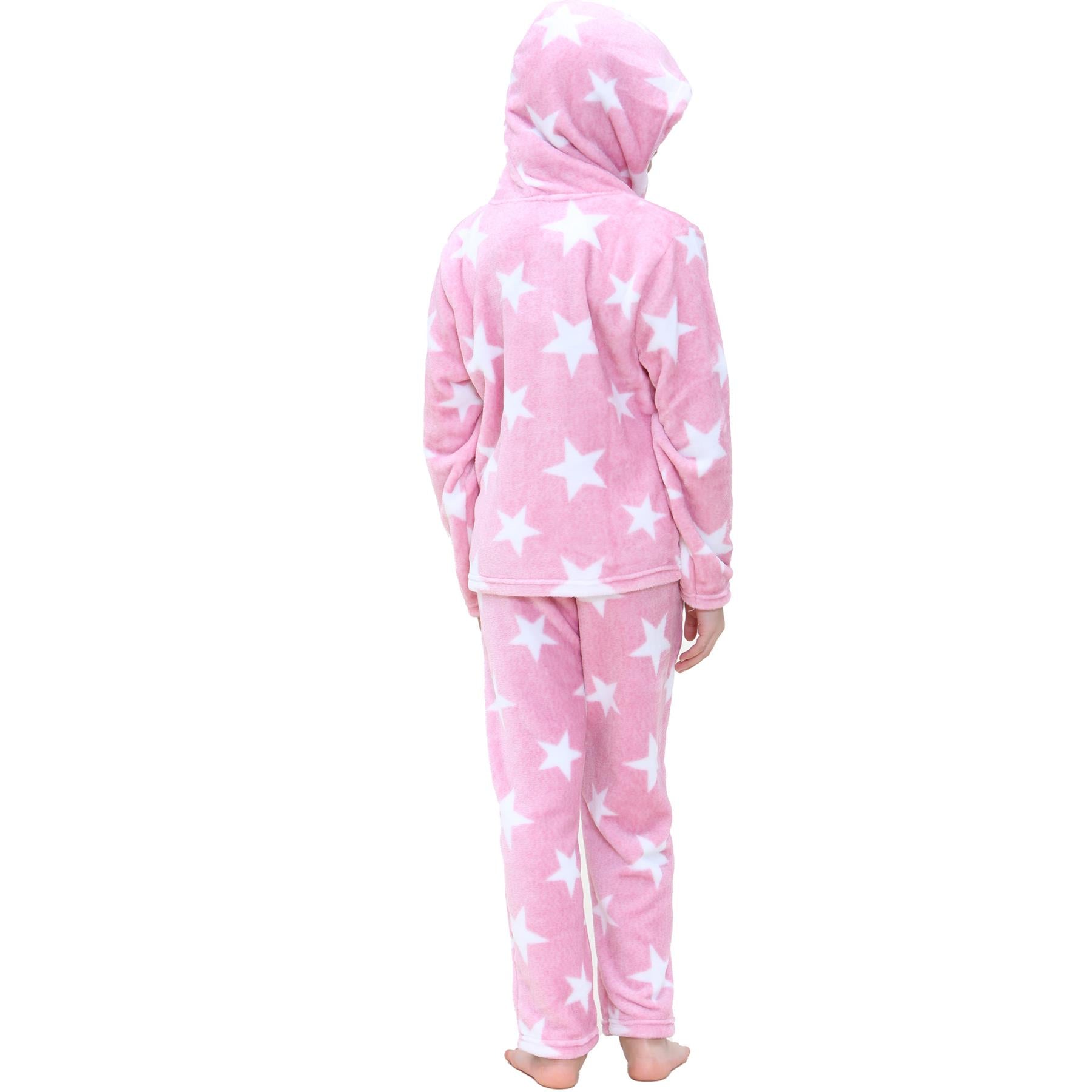 Kids Girls Stars Print Pyjama Extra Soft Zipped Flannel Fleece PJS Outfit Set