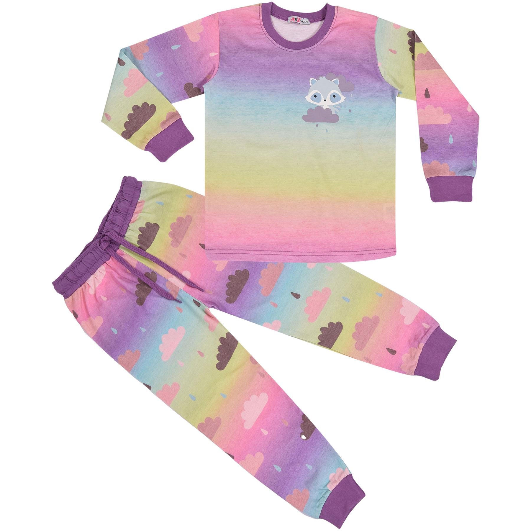 Kids Girls Pyjamas Cloud Print Contrast Top Bottom Rainbow Sleepwear Set 2-13 Yr