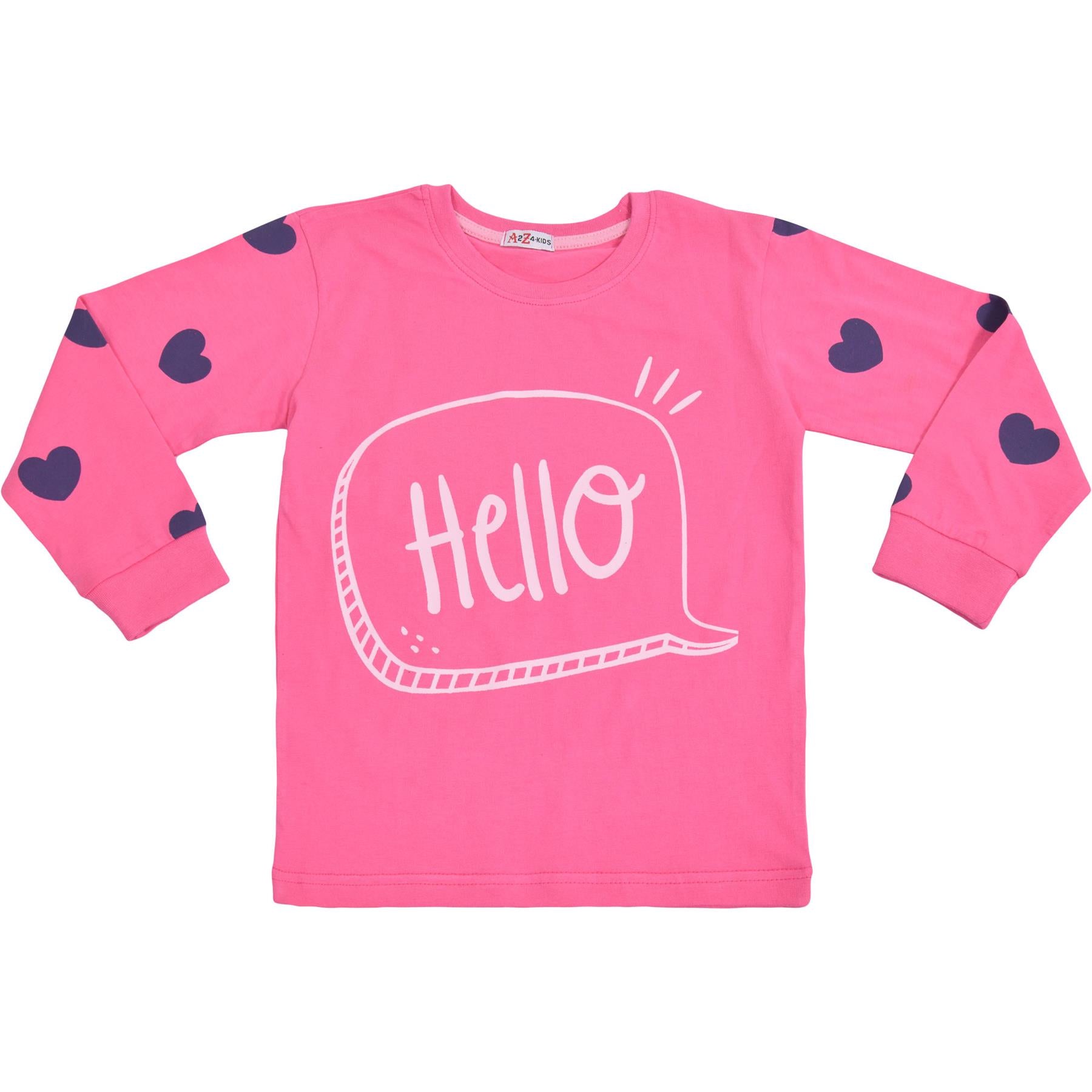 Kids Girls Hello Pyjamas Children Pink PJs 2 Piece Cotton Set Lounge Suit