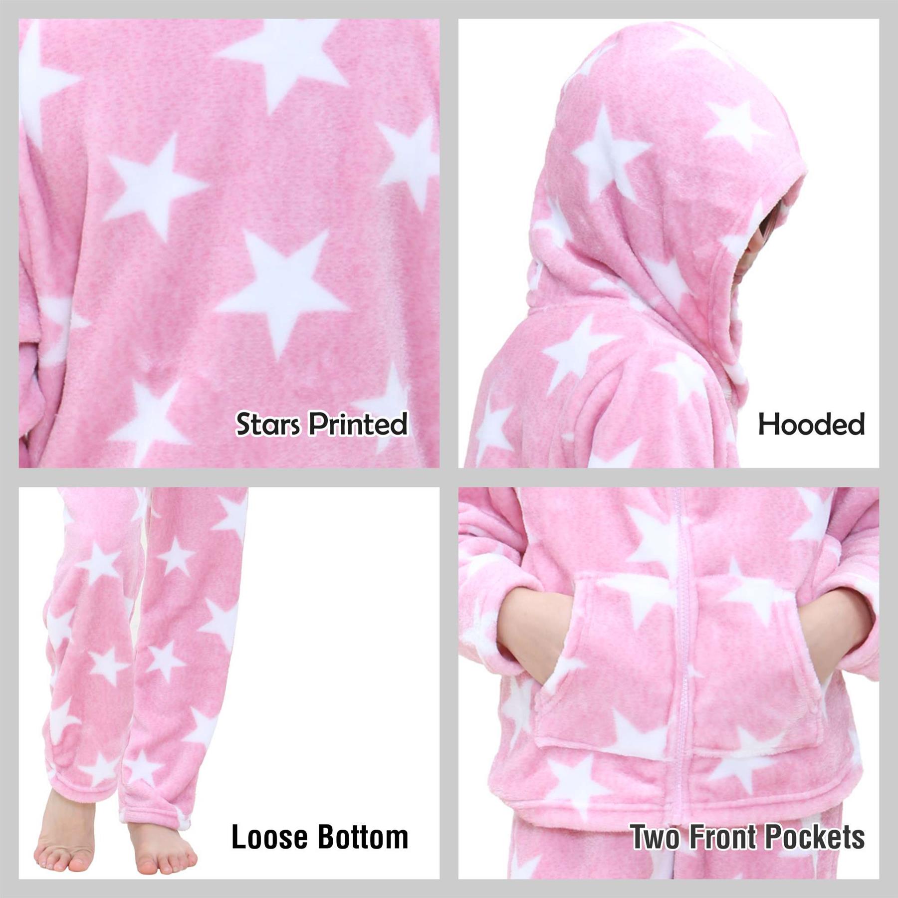 Kids Girls Stars Print Pyjama Extra Soft Zipped Flannel Fleece PJS Outfit Set