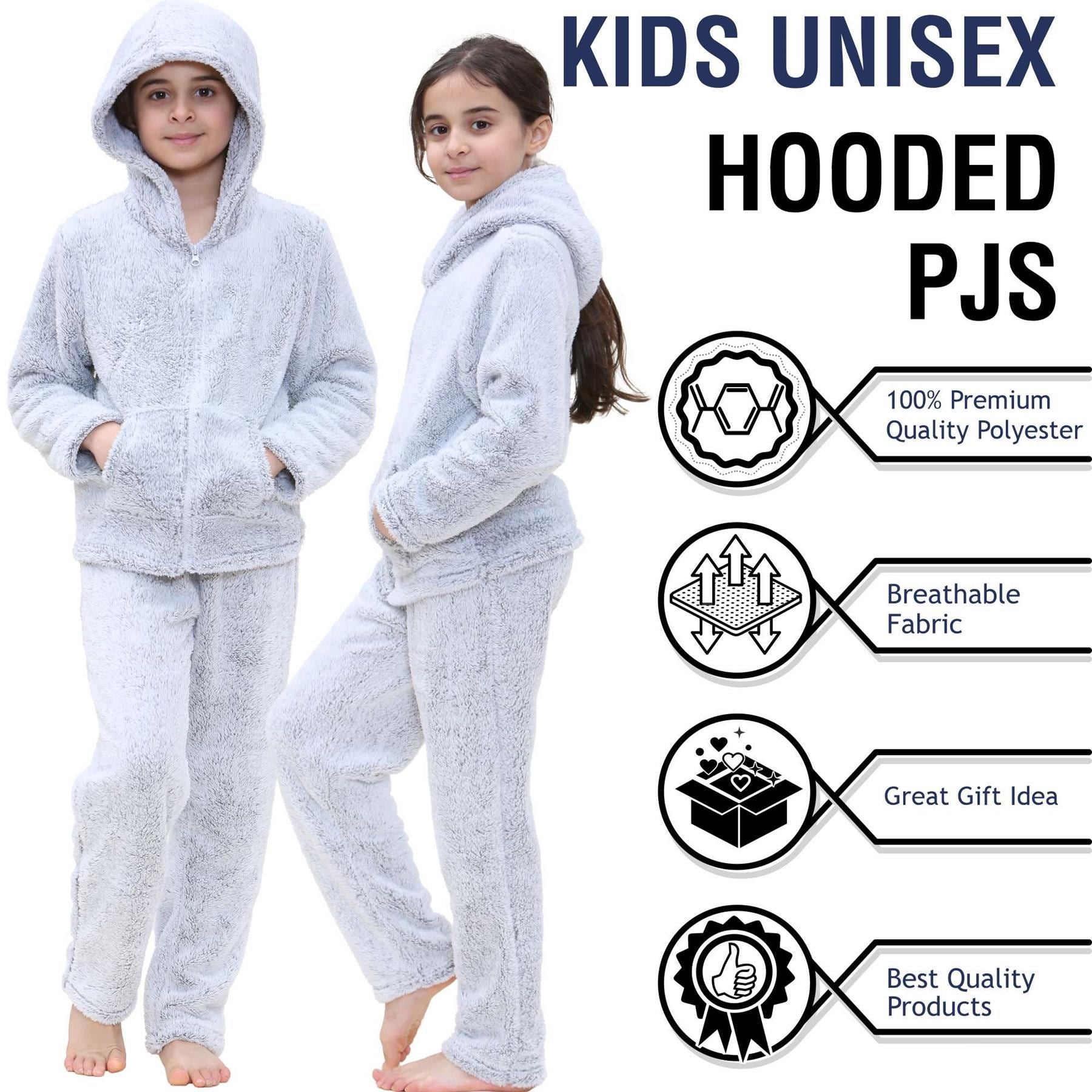 Kids Boys Girls Plain Pyjama Extra Soft Zipped Top Flannel Fleece PJS Outfit Set