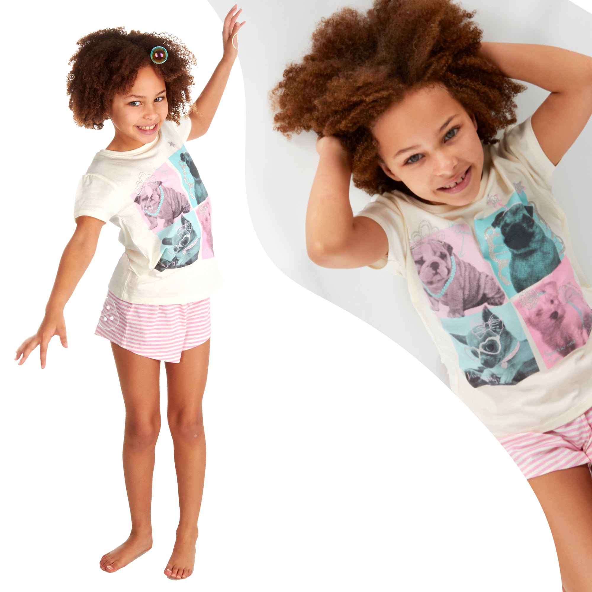 Kids Girls 100% Cotton Pyjamas Set Pug Stripe Print T-Shirt & Shorts Nightwear