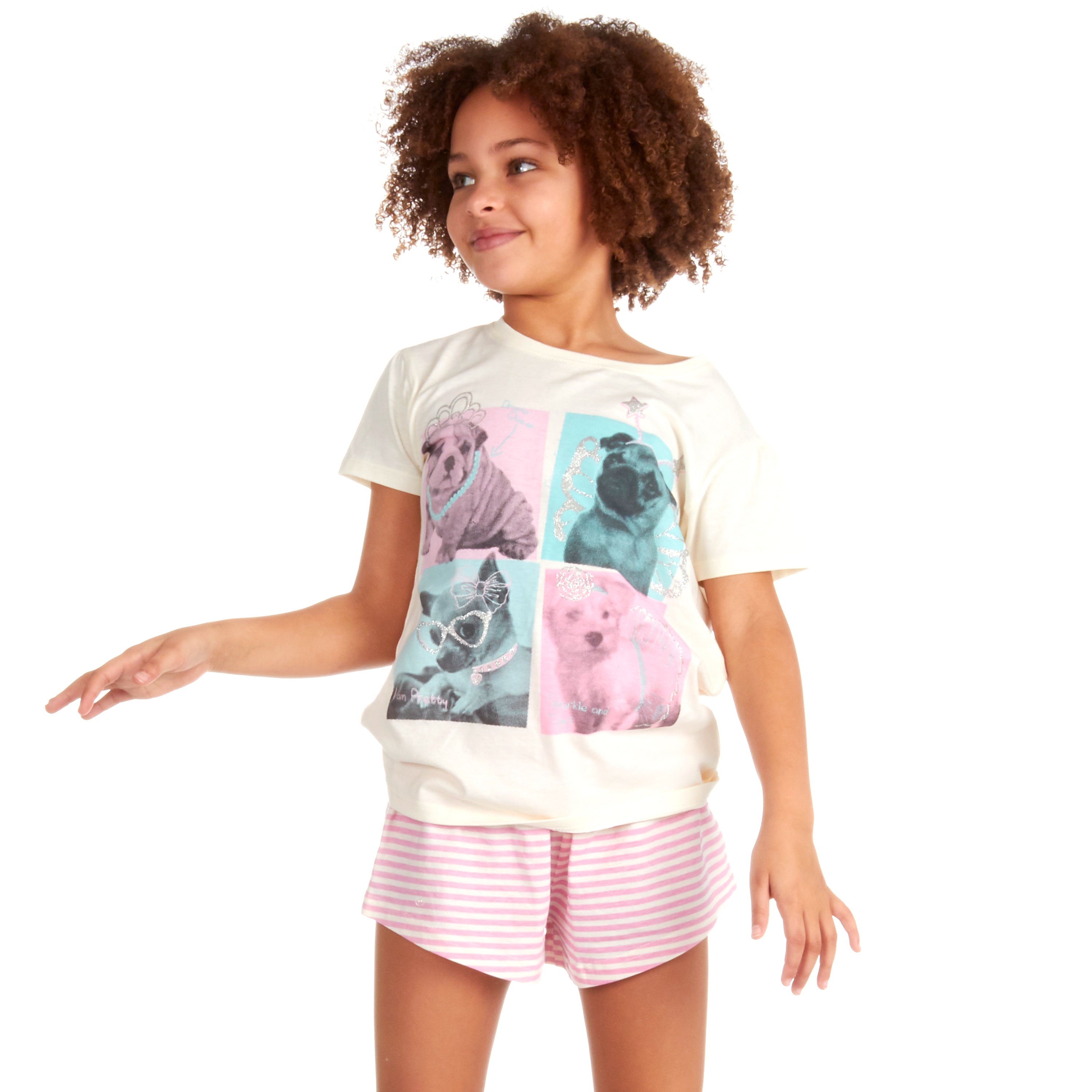 Kids Girls 100% Cotton Pyjamas Set Pug Stripe Print T-Shirt & Shorts Nightwear
