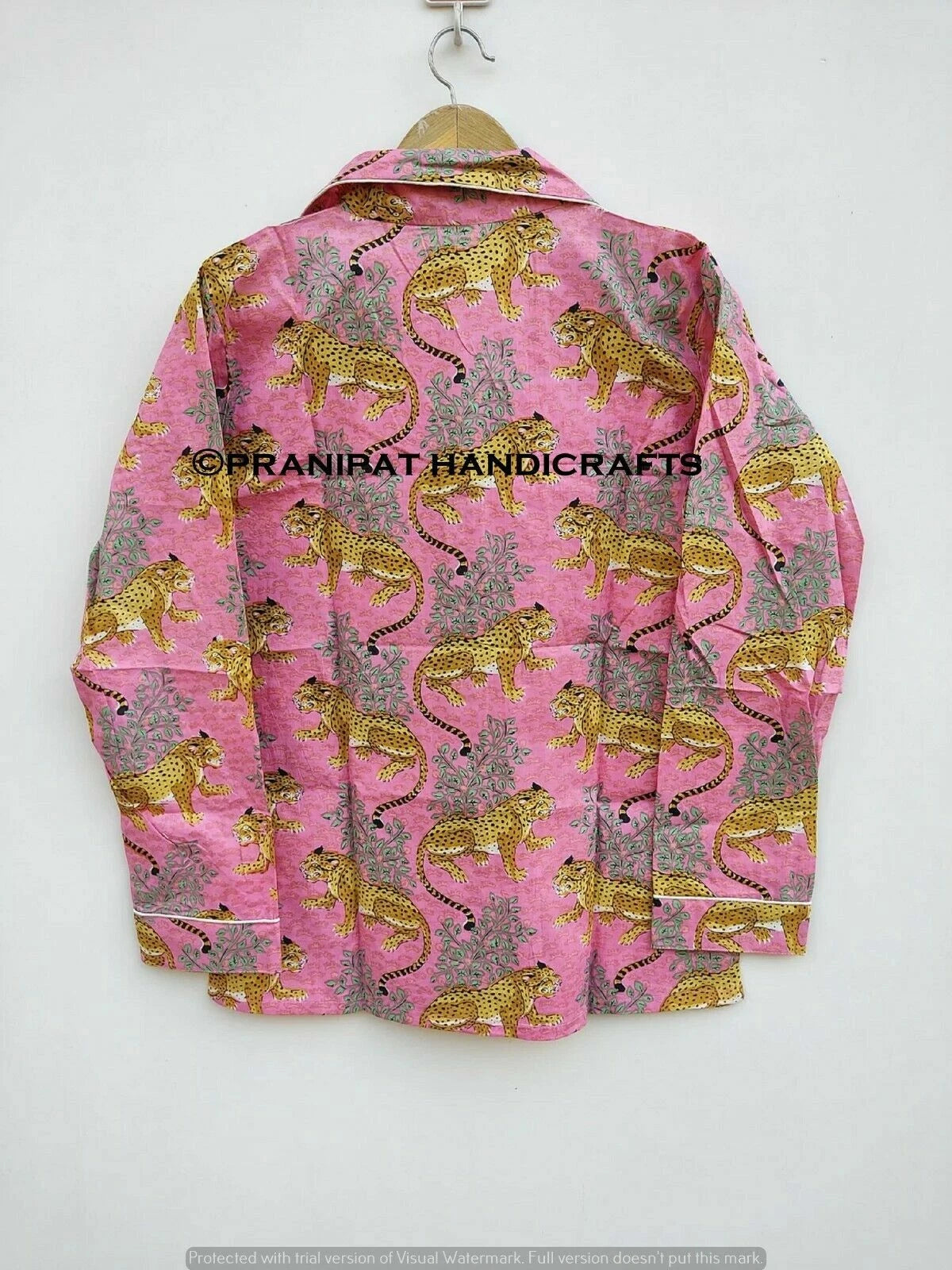 Indian Tiger Print Cotton Baby Pink Women Hippie Gypsy Top-Pajama set Sleepwear