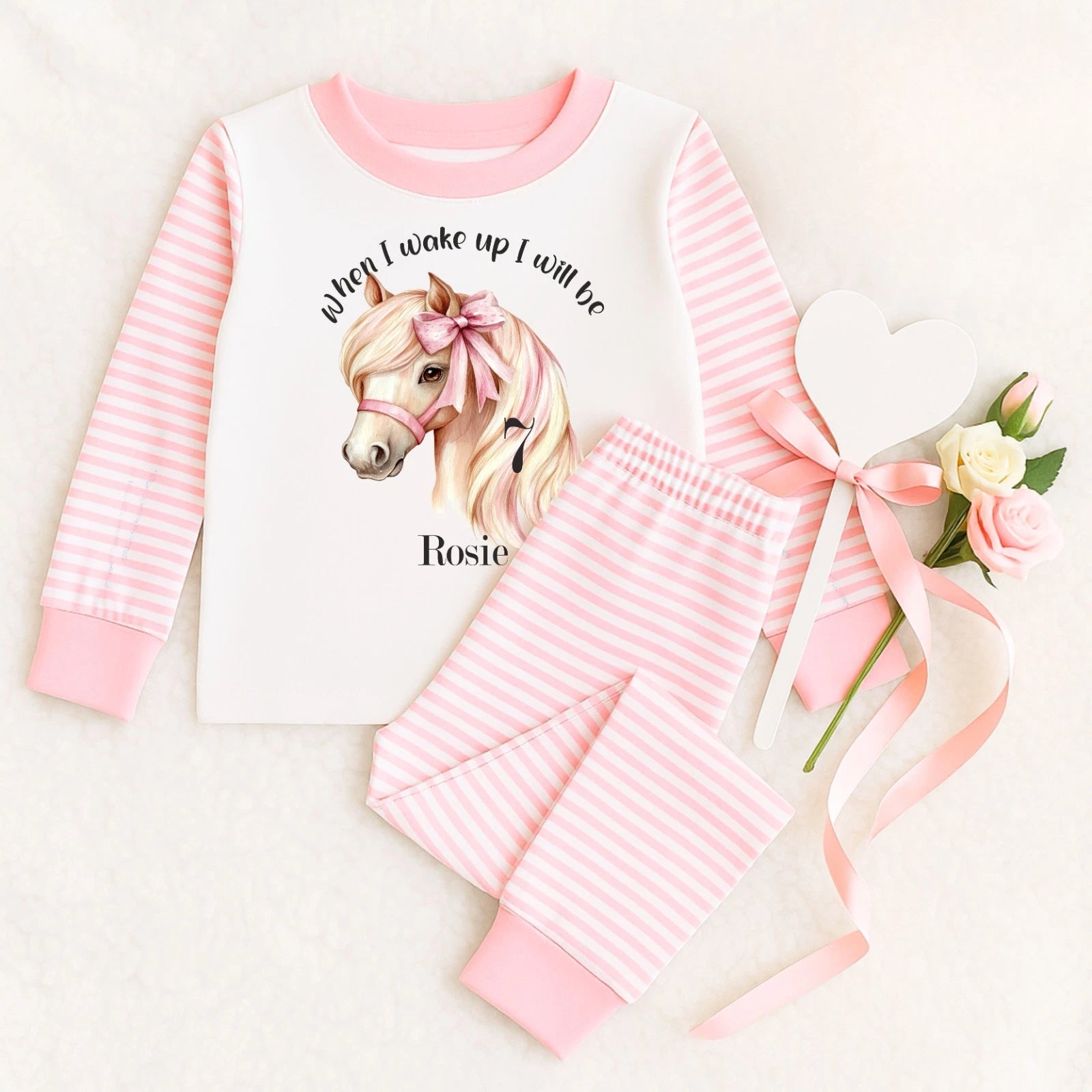 Personalised Children's When I Wake Up I Will Be 1,2,3,4,5 Age Horse Bow Pyjamas