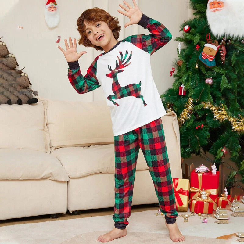 2025 Christmas Deer Grid Print Family Pyjamas Kids Adults Nightwear Pajamas Set*
