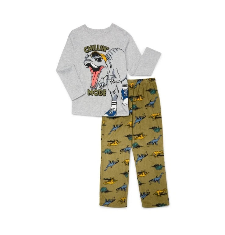 Wonder Nation Boys Dino Long Sleeve Top and Pants 2-Pc Sleep Set Sz M L 8 10 12