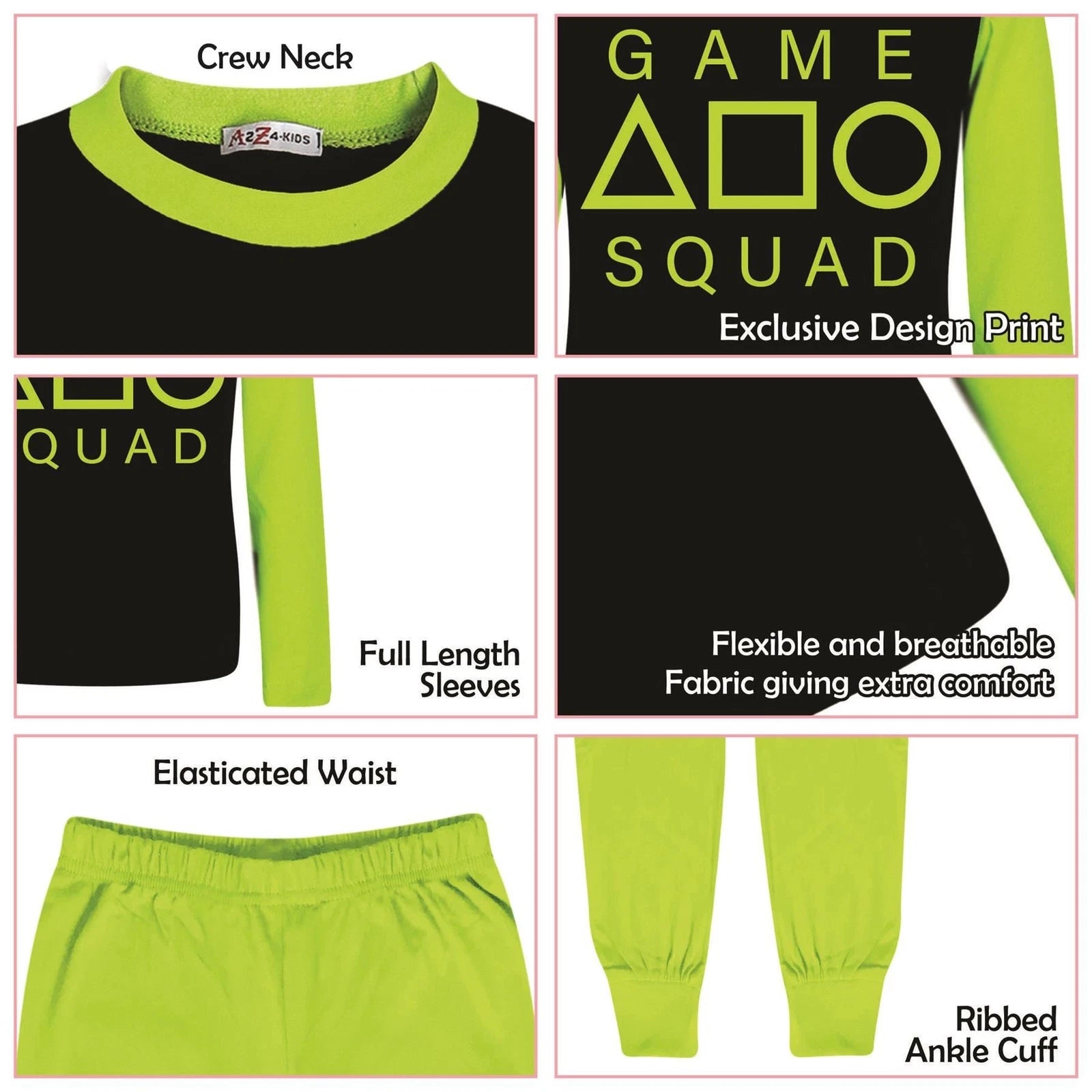 Kids Girls Lime Game Squad Cosplay Pyjamas Sleepwear PJs 2 Piece Set