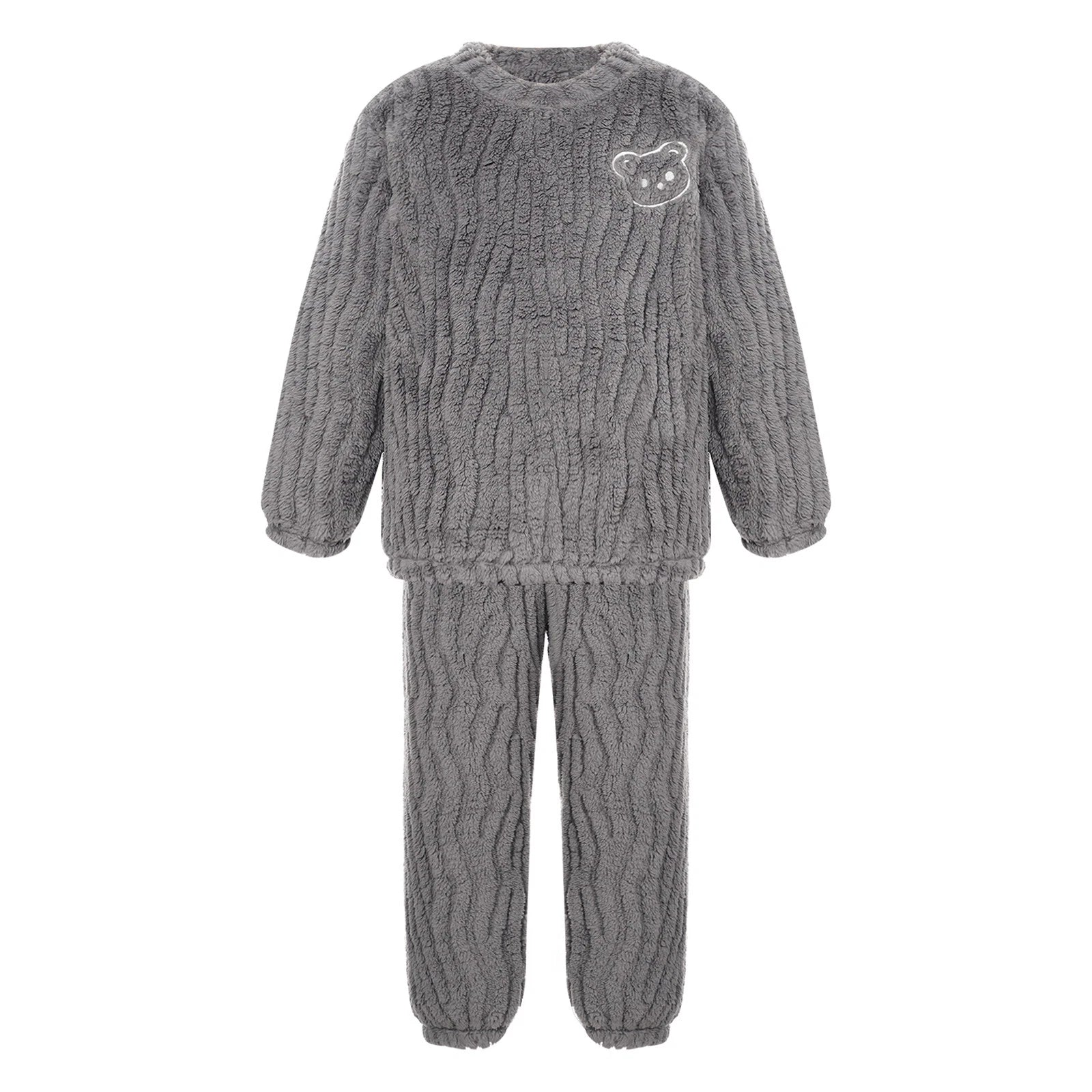 Kids Pajamas Set Flannel Sleepwear Bear Tops Pullover with Plush Pants Trousers