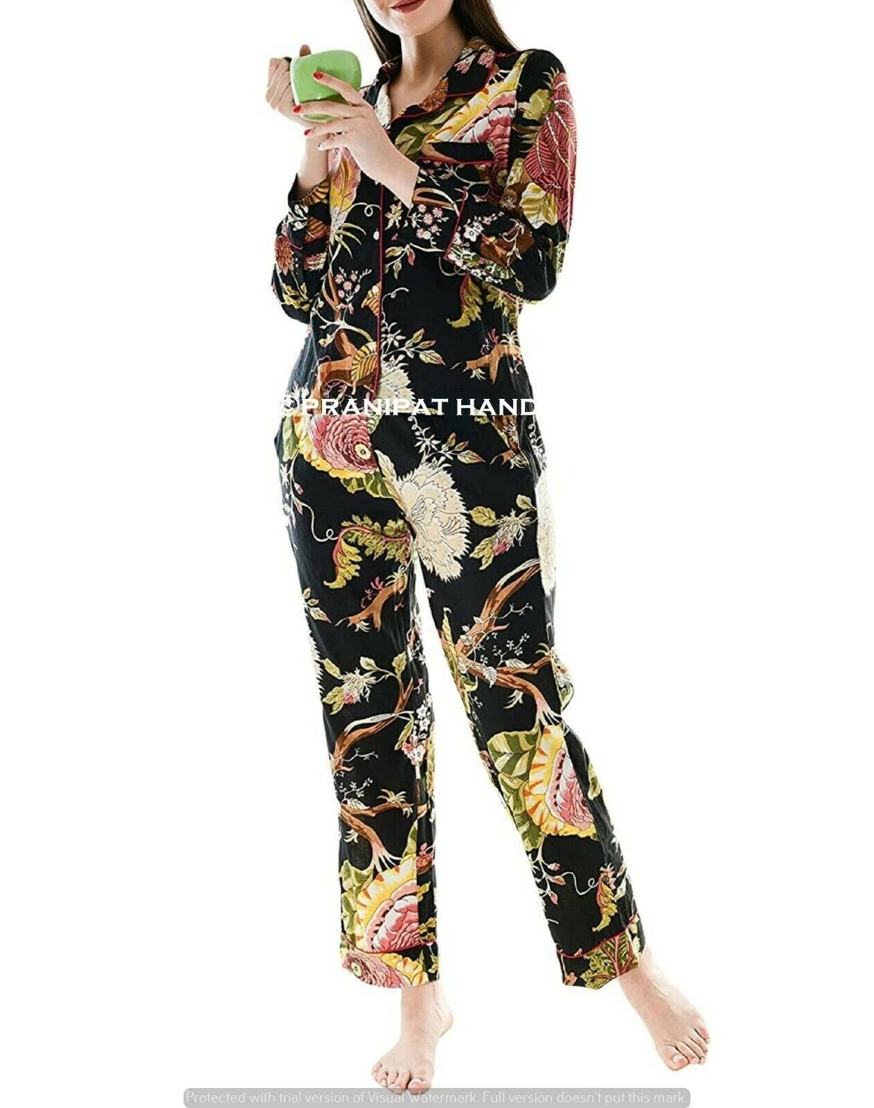 Indian Floral Print Cotton Black Women Night wear Boho Top-Pajama set Sleepwear