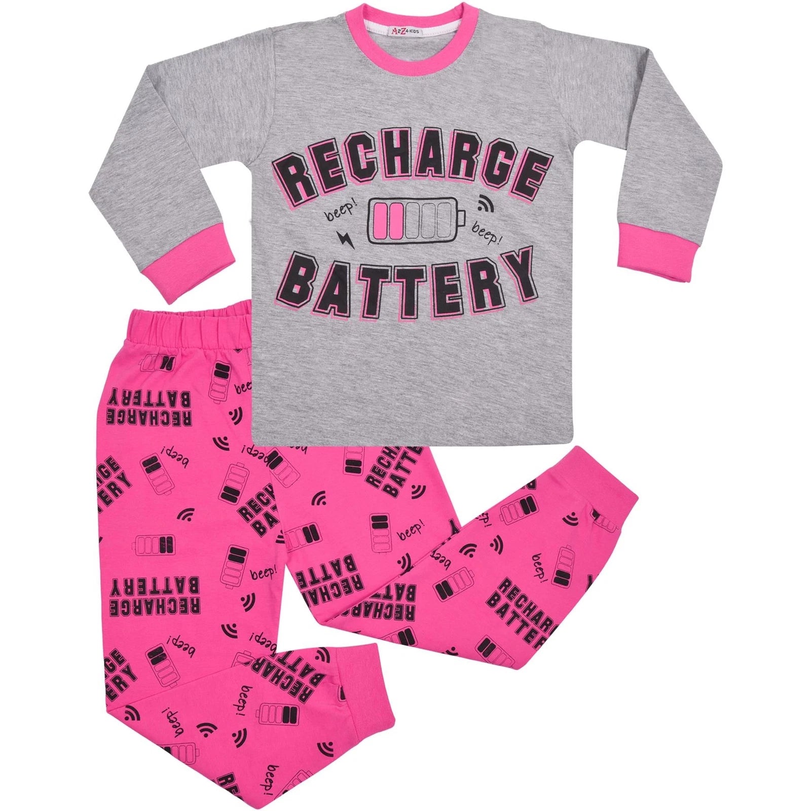 Kids Girls Pyjamas RECHARGE BATTERY Print Top Bottom Shorts Set