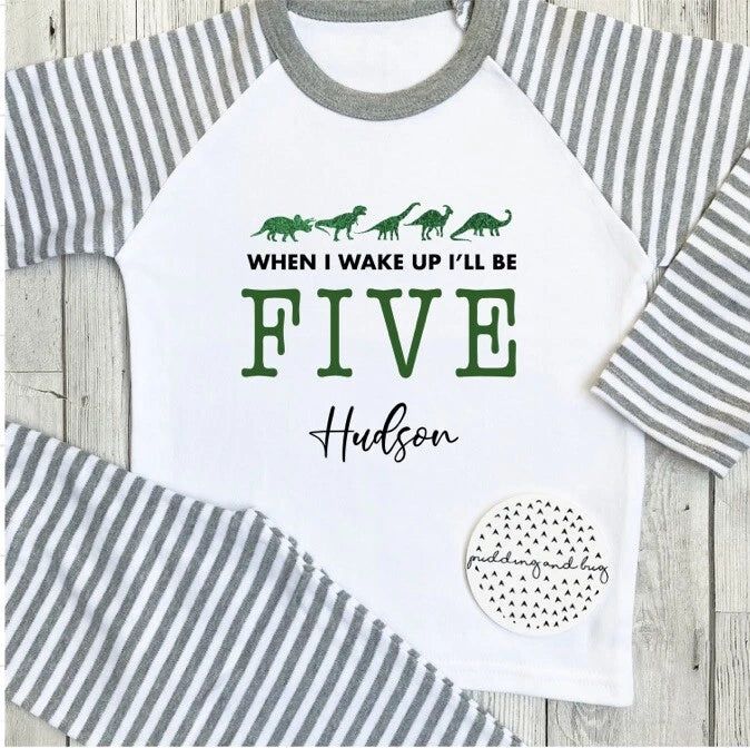 when i wake up i will be one, two three, four five dinosaur pyjamas birthday pjs