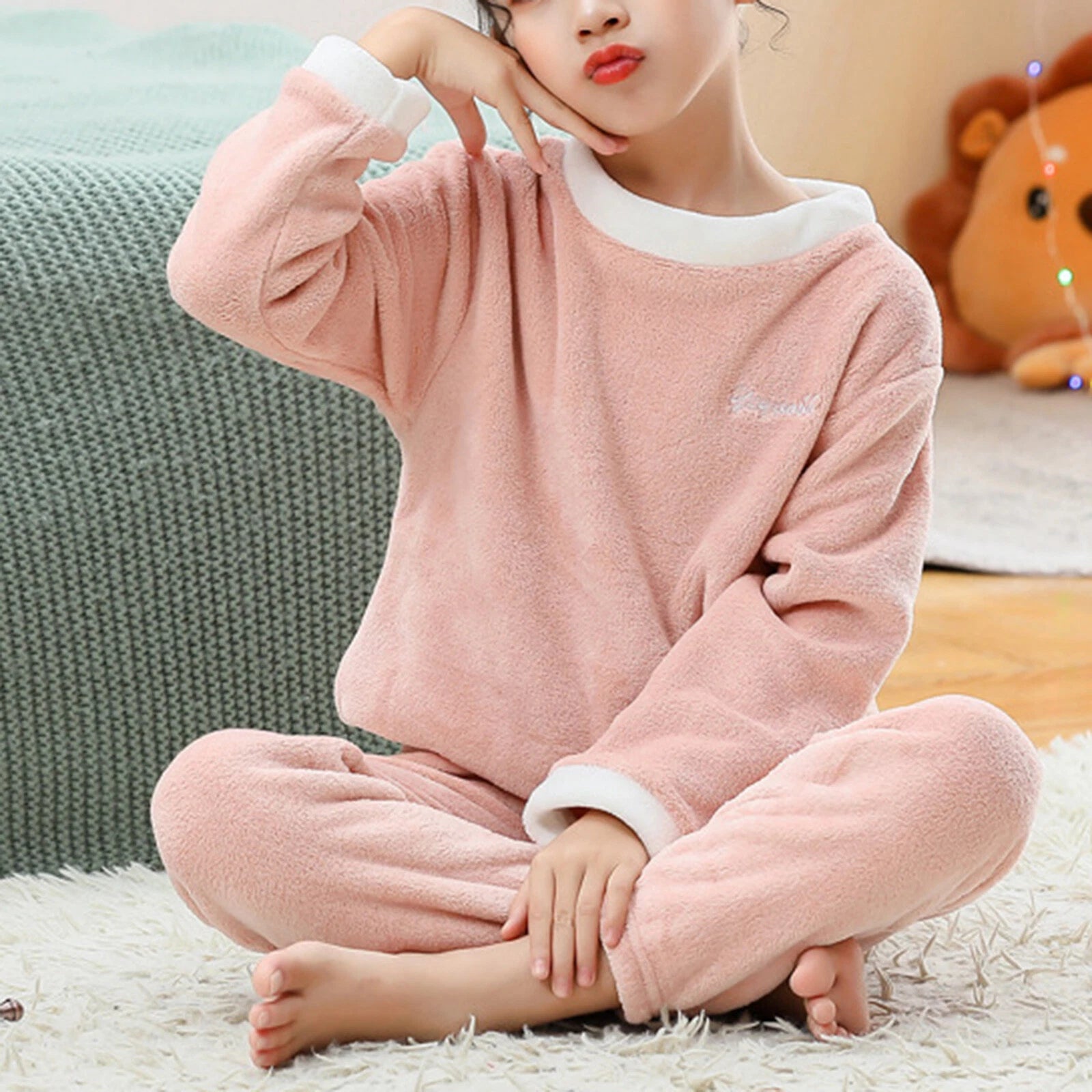 Girls Boys Pajamas Suit Long Sleeve Tops with Pants Sleepwear Winter Nightwear