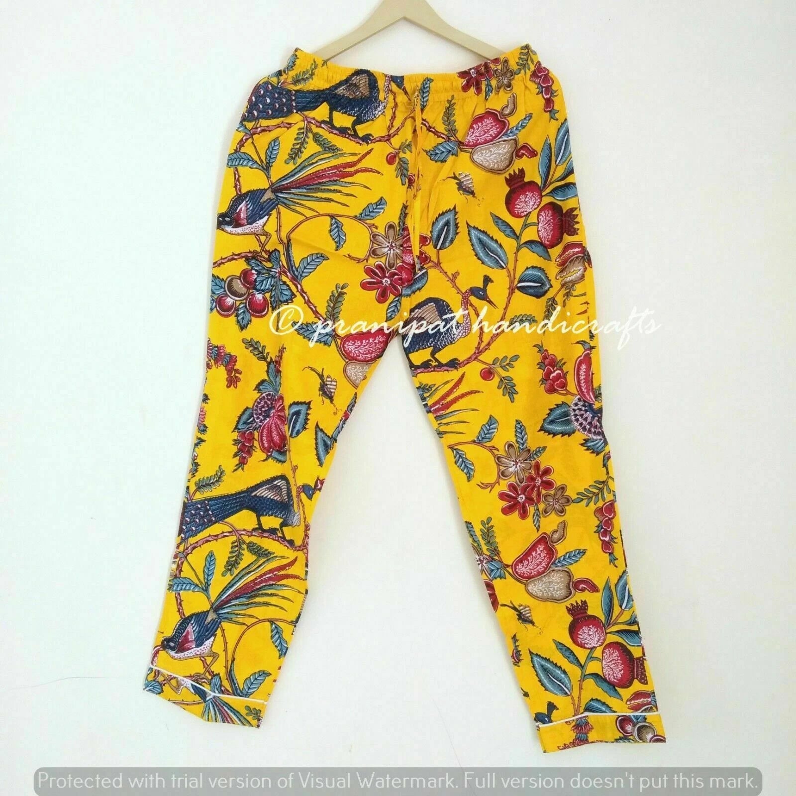 Indian Peacock Printed Cotton Yellow Hippie Women Gypsy Top-Pajama set Sleepwear