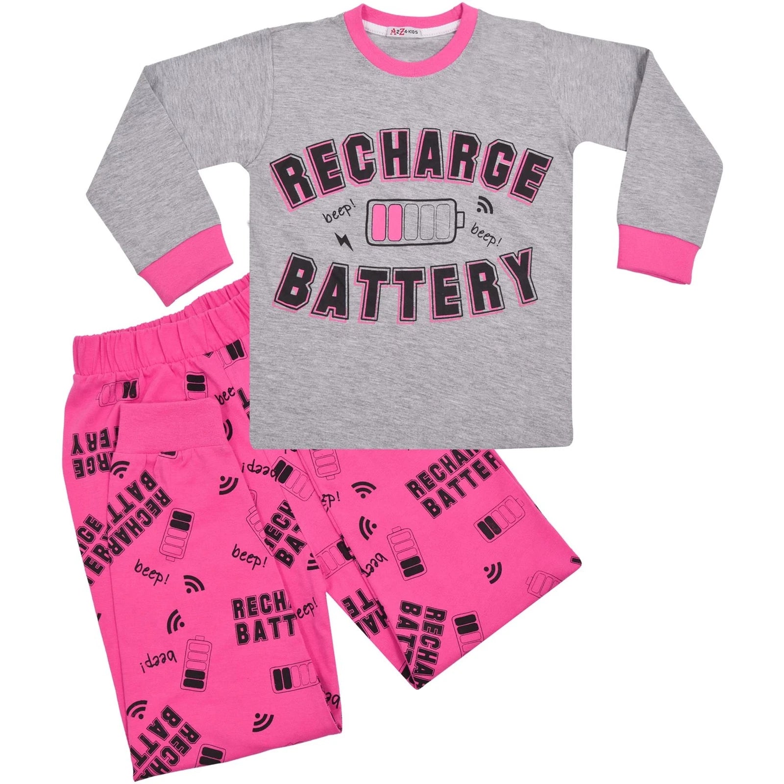 Kids Girls Pyjamas RECHARGE BATTERY Print Top Bottom Shorts Set