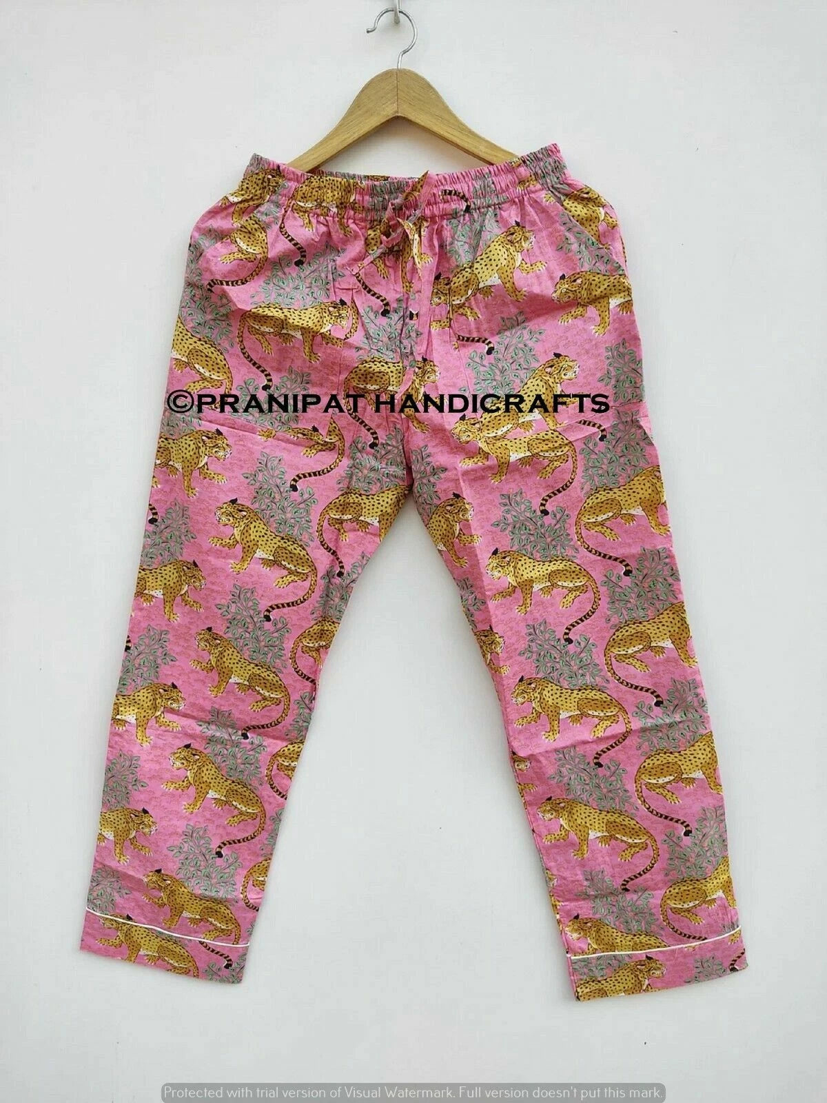 Indian Tiger Print Cotton Baby Pink Women Hippie Gypsy Top-Pajama set Sleepwear