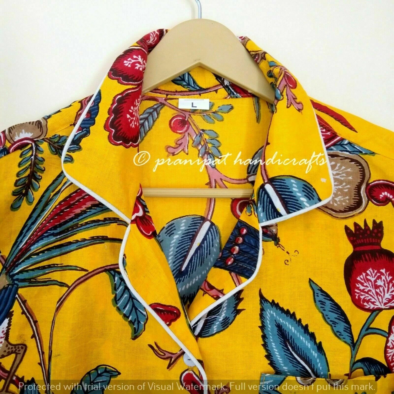 Indian Peacock Printed Cotton Yellow Hippie Women Gypsy Top-Pajama set Sleepwear