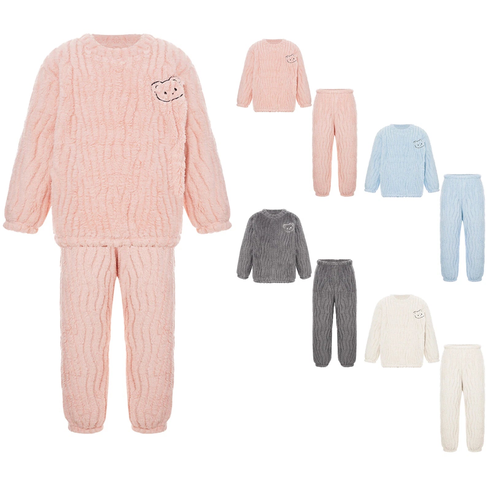 Kids Pajamas Set Flannel Sleepwear Bear Tops Pullover with Plush Pants Trousers