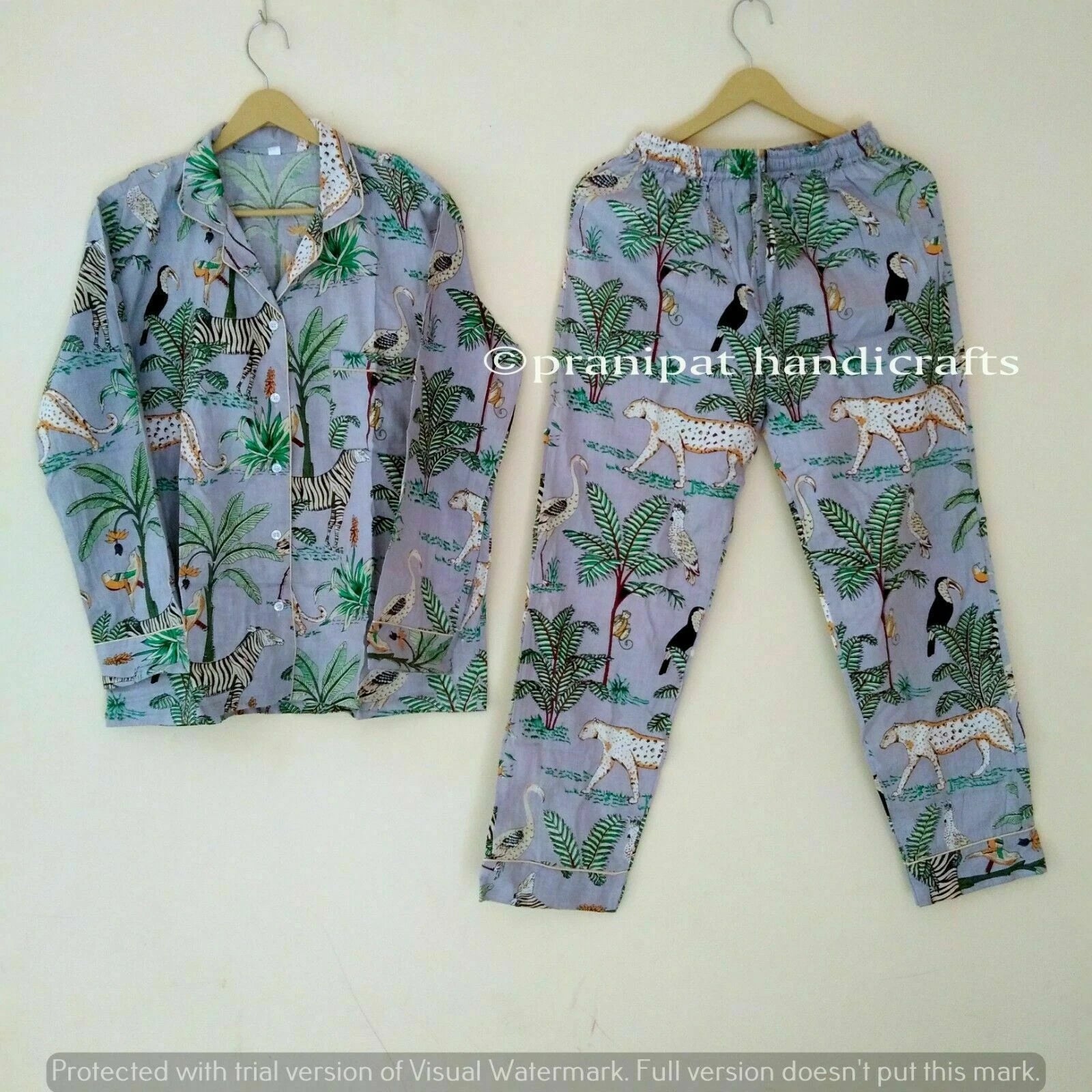 Indian Animal Printed Cotton Grey Hippie Women Gypsy Sleepwear Boho Pajama set