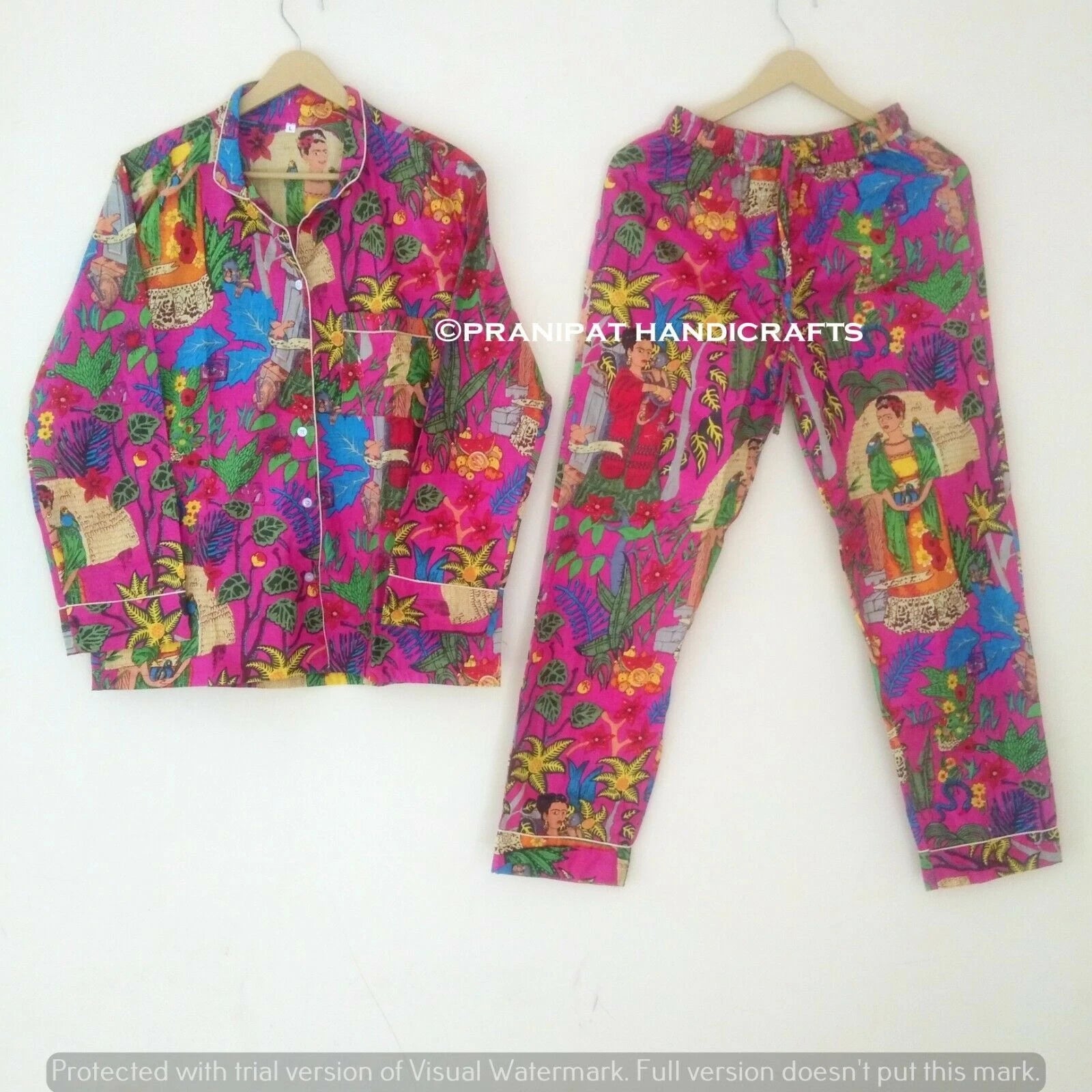 Indian Floral Print Cotton Pink Women Nightwear Top-Pajama set Sleepwear