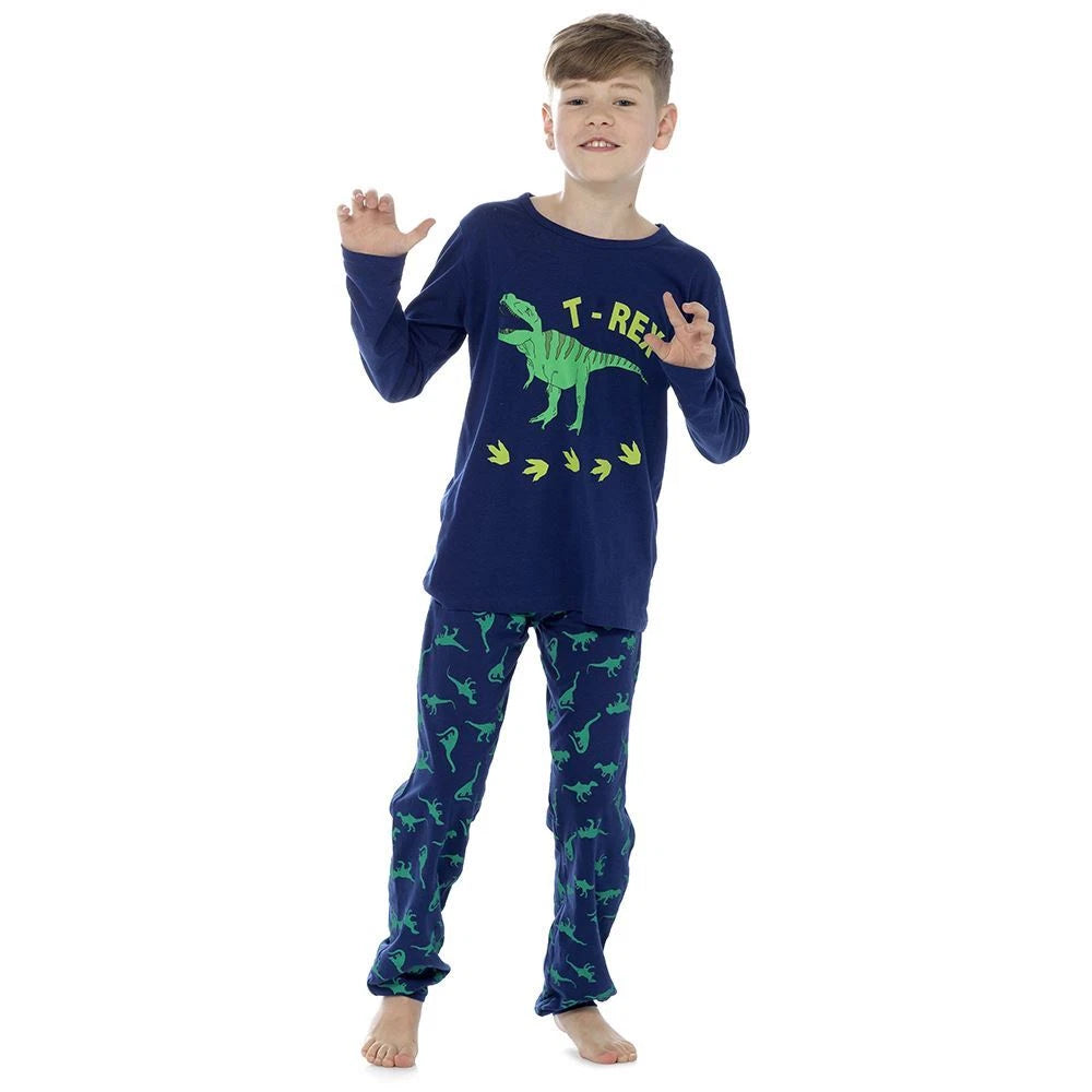 Boys/Kids Dinosaur Pyjamas Long Sleeve Cotton Pyjama Set Navy Age 3-12 Years