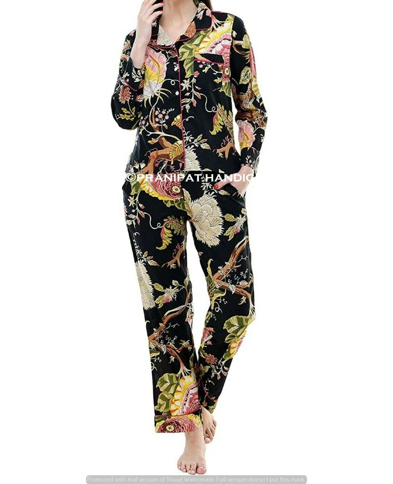 Indian Floral Print Cotton Black Women Night wear Boho Top-Pajama set Sleepwear