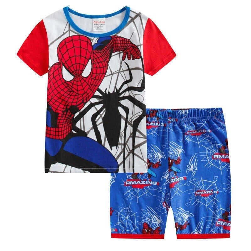 Boys Girls Kids Spiderman Superhero Pyjamas Short Sleeve T-Shirt Shorts PJs 1-6Y