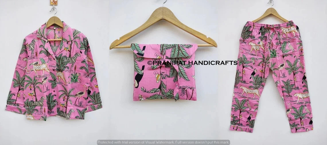 Indian Animal Print Cotton Baby Pink Women Gypsy Sleepwear Hippie Pajama set