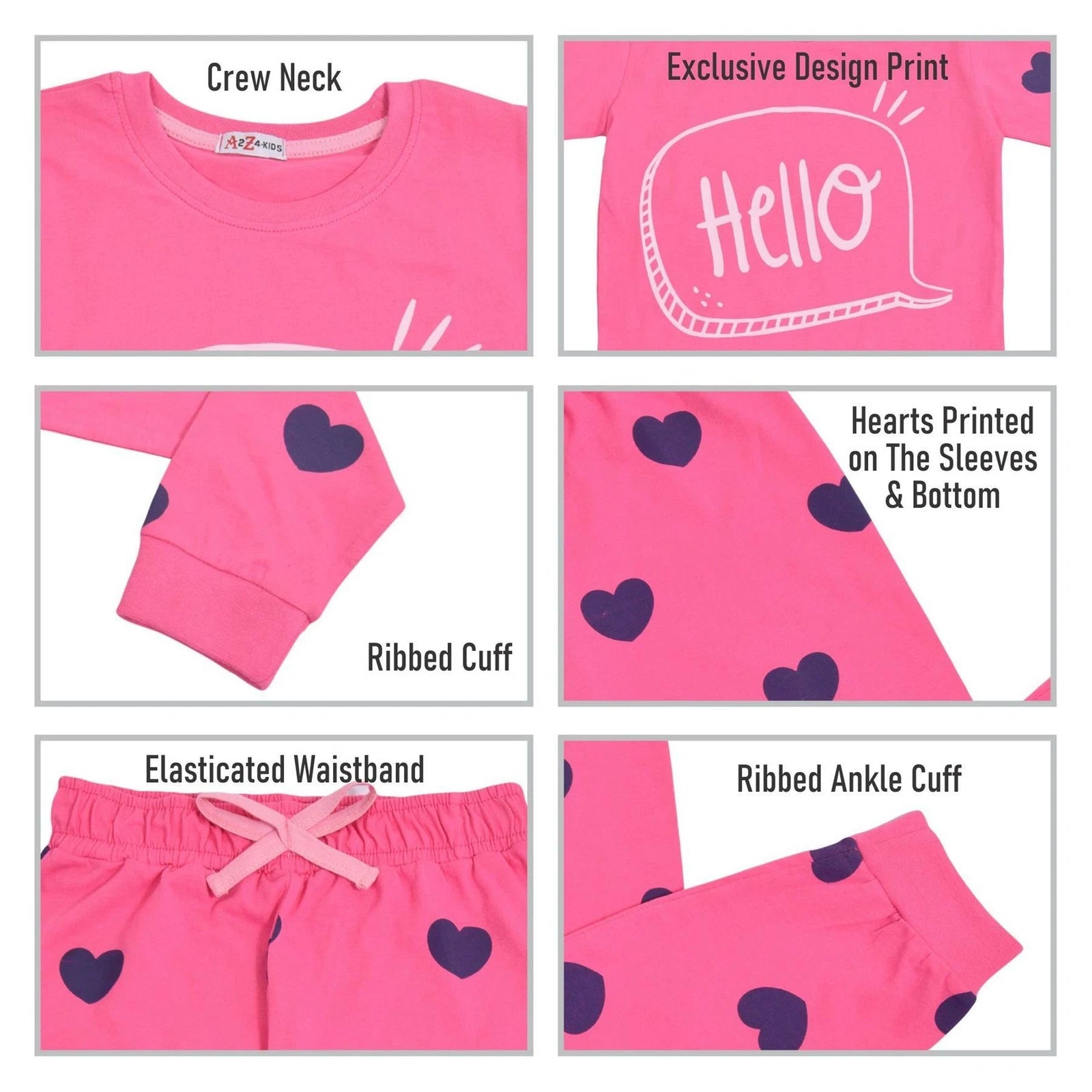 Kids Girls Hello Pyjamas Children Pink PJs 2 Piece Cotton Set Lounge Suit