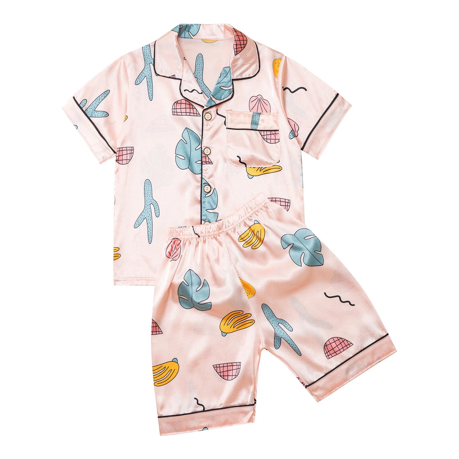 Boys Girls Pajamas Set Sleepwear Button Closure Top Shorts Nightwear Loungewear