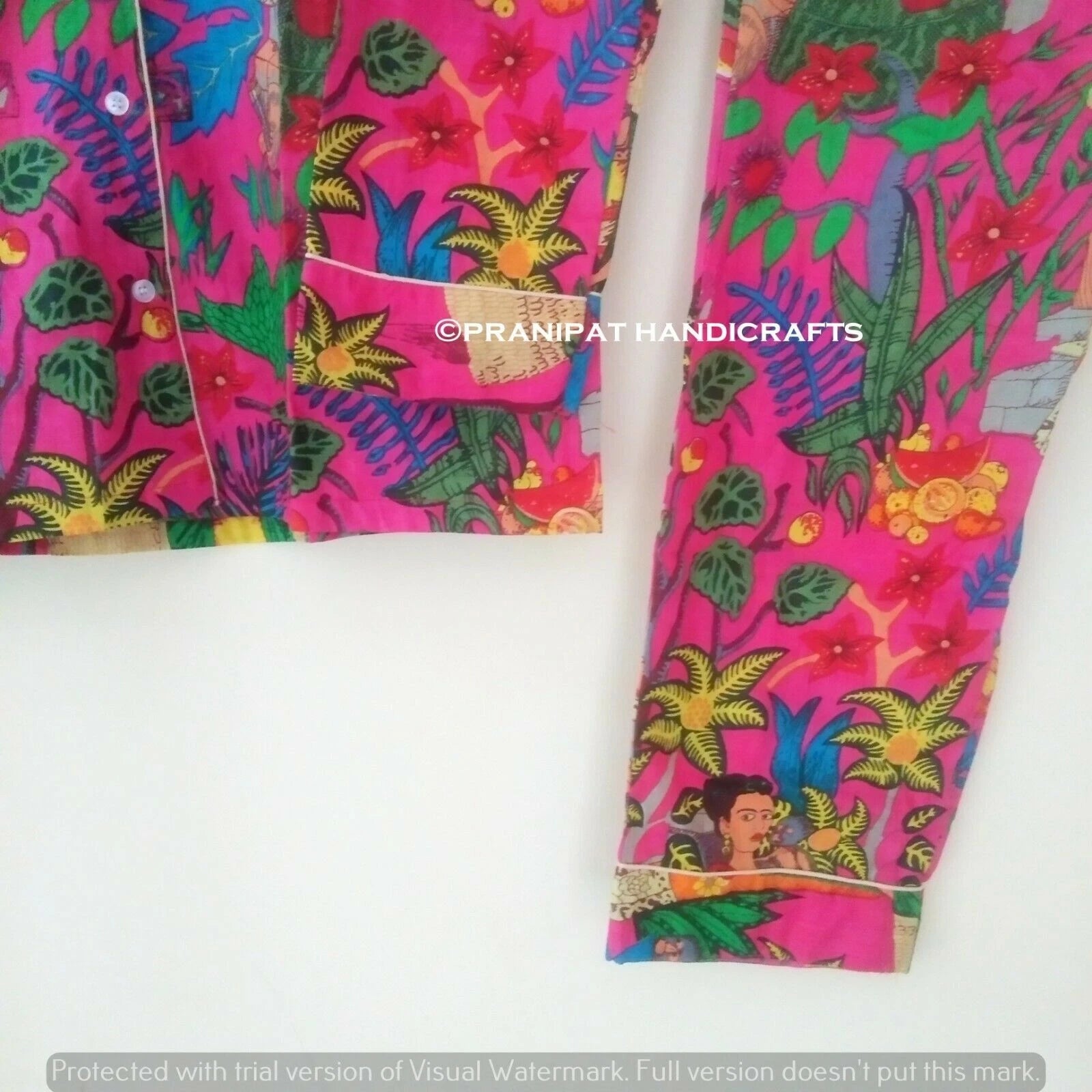 Indian Floral Print Cotton Pink Women Nightwear Top-Pajama set Sleepwear