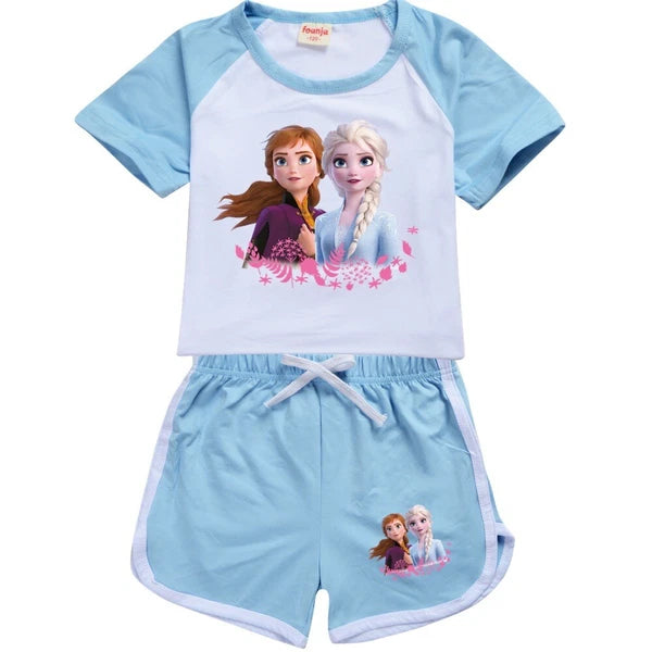 Popular frozen girl short sleeved T-shirt top shorts casual pajama set gift