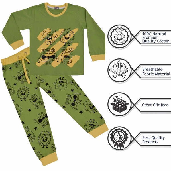 Kids Girls Boys Monster Pyjamas Children Lime 2 Piece Cotton Set