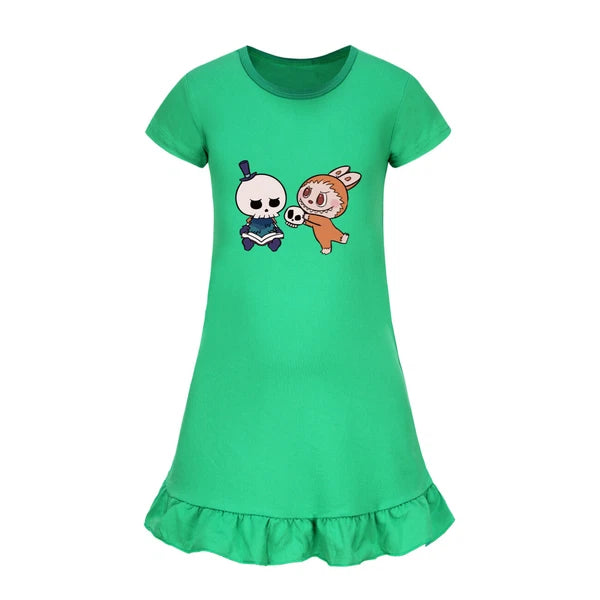 Cartoon Print Girl's Short-Sleeved Pajamas Home Clothes Nightdress Skirt New Hot